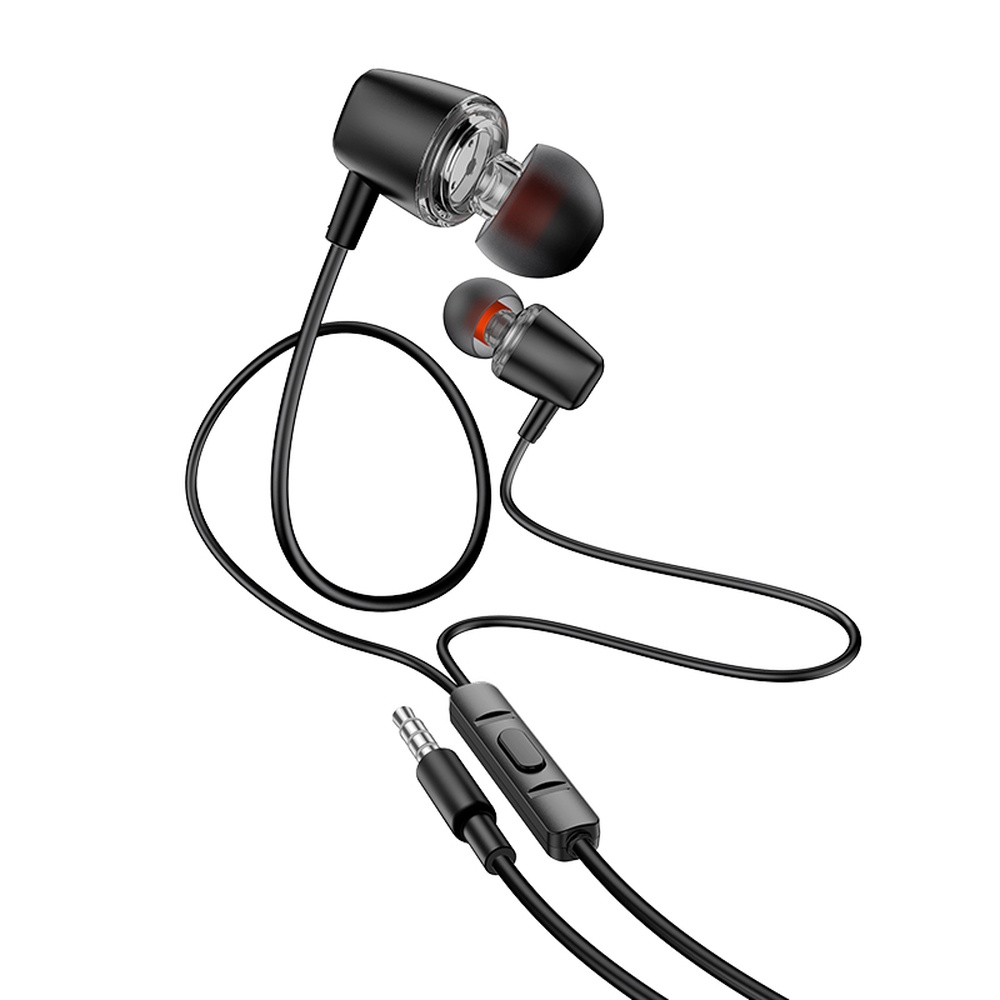 Auriculares negros intrauditivos con cable, controles y conector de 3,5 mm.