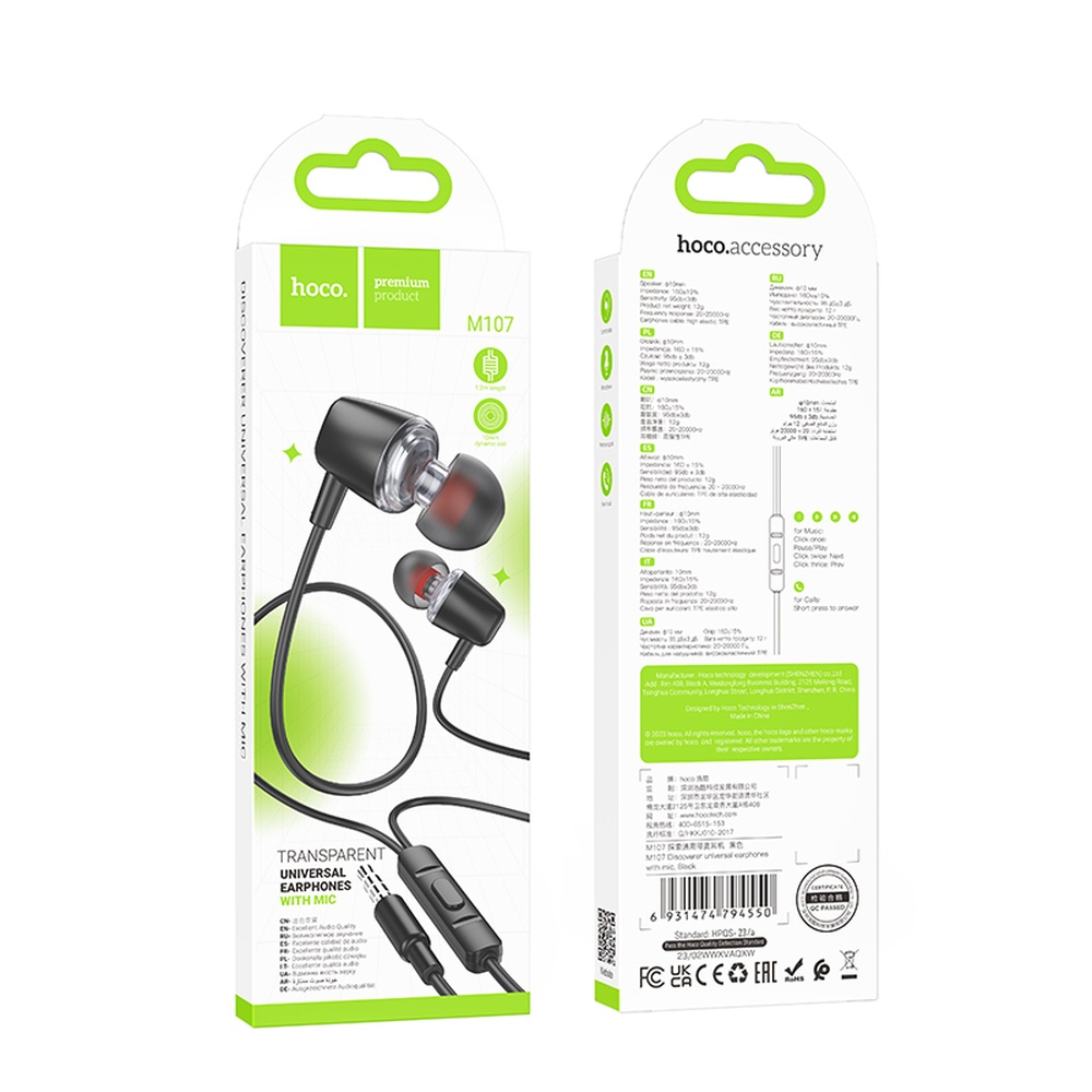 Embalaje de auriculares negros con micrófono y detalles del producto.