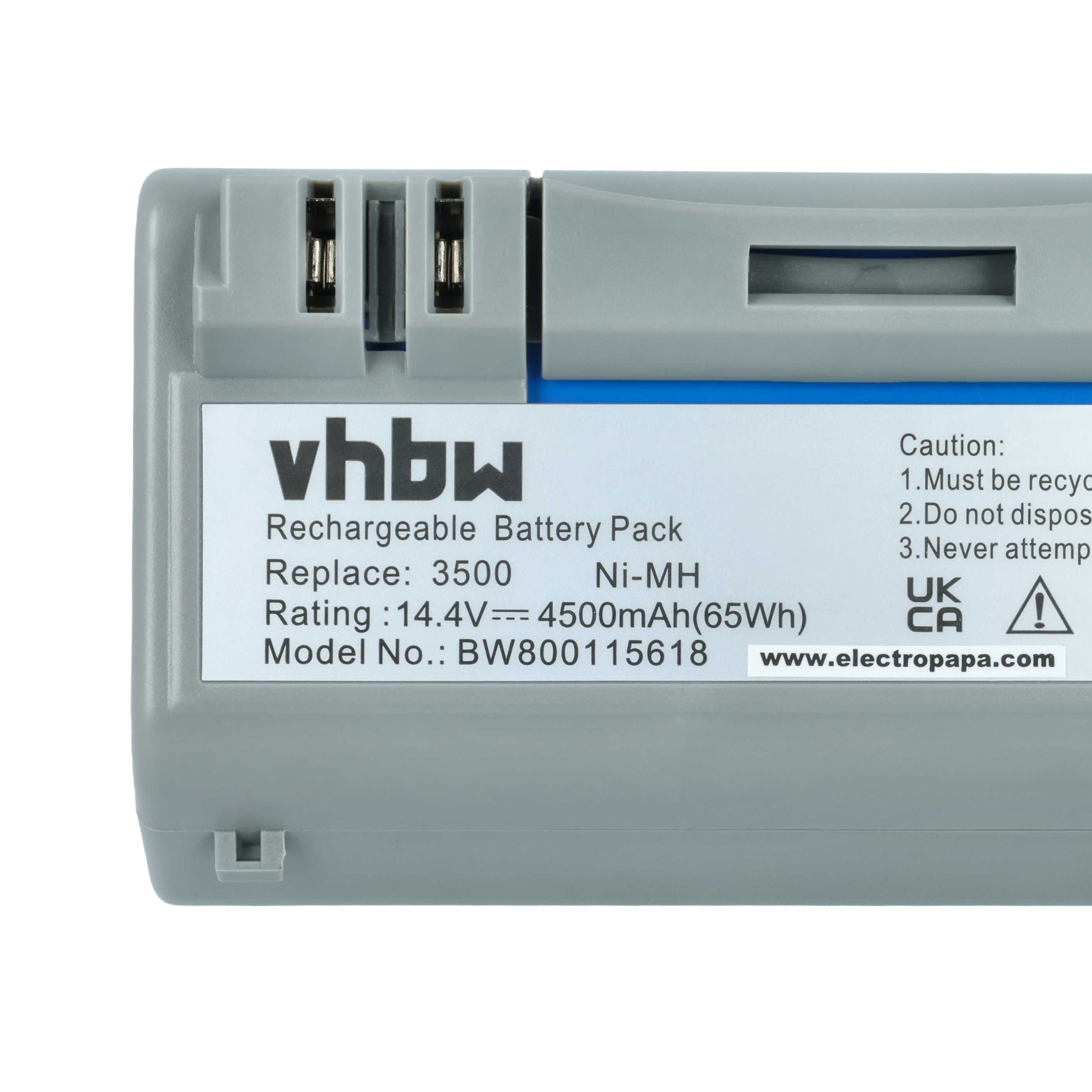 Grauer Akku mit Aufkleber: vhbw, 14.4V, 4500mAh, Ni-MH.