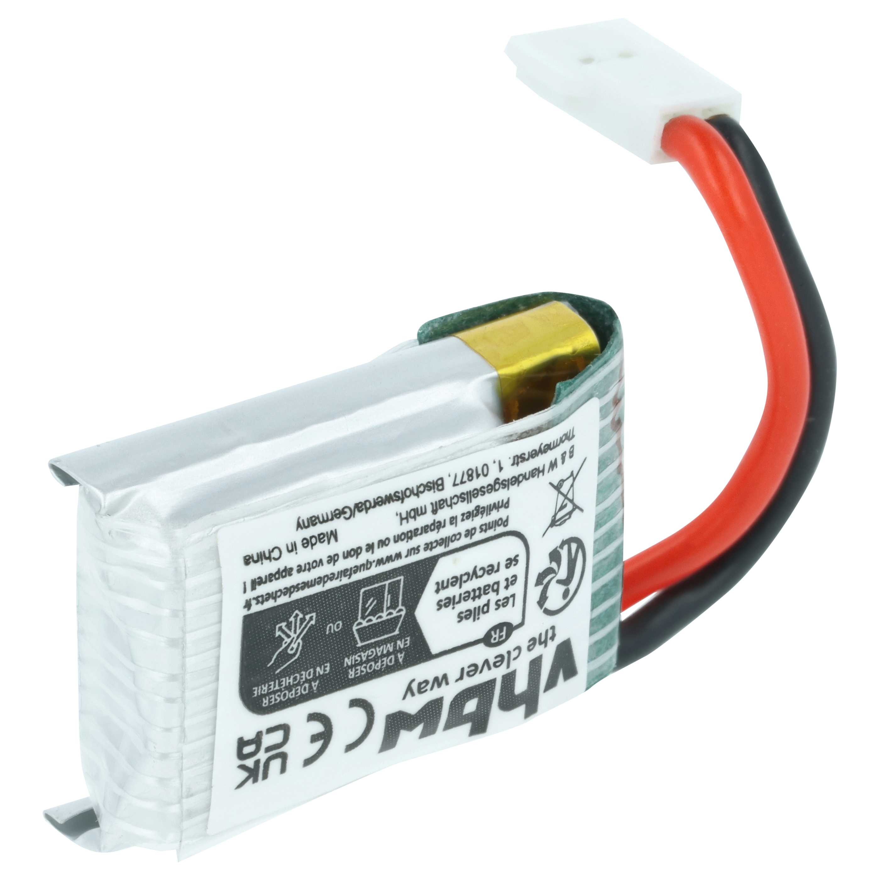 Ein kleiner Lithium-Polymer-Akku mit rotem und schwarzem Kabel und einem weißen Stecker.
