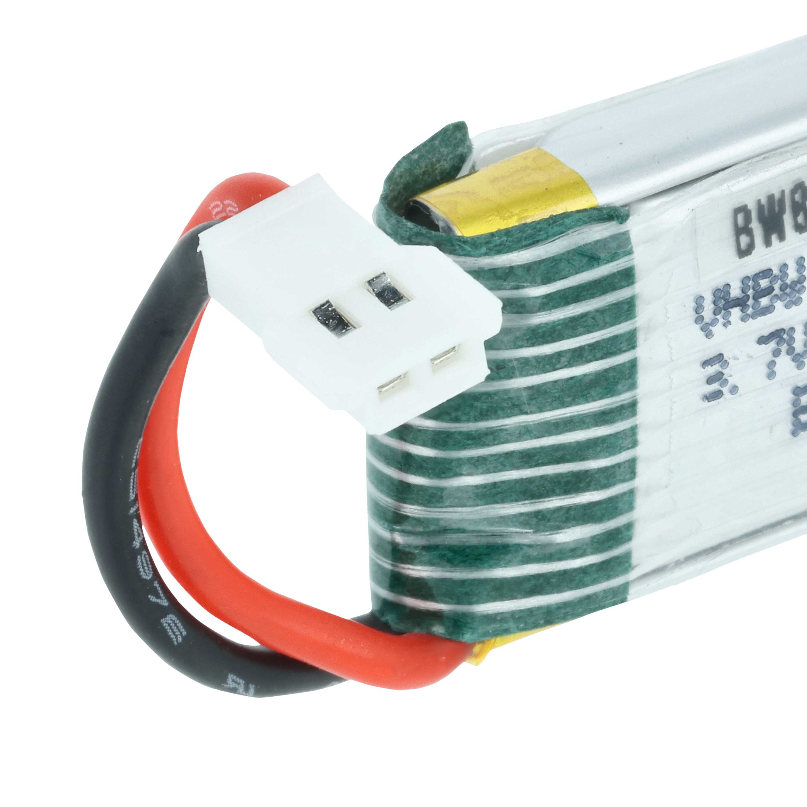 Ein weißer Stecker mit roten und schwarzen Kabeln, angeschlossen an eine Batterie.