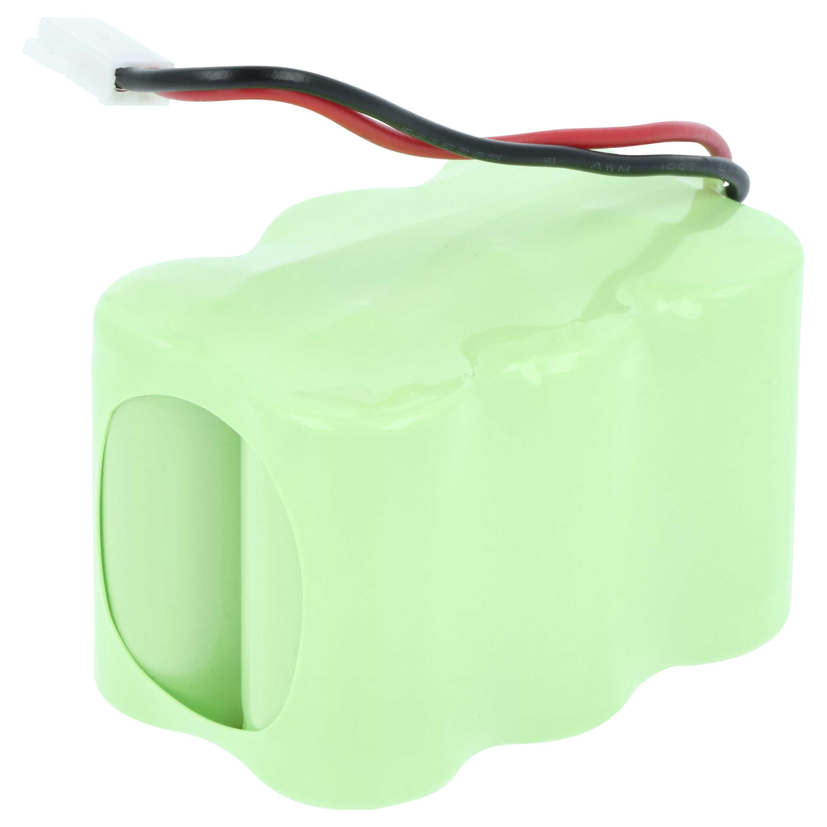 Grüner Akku mit schwarzen und roten Kabeln und einem weißen Stecker.