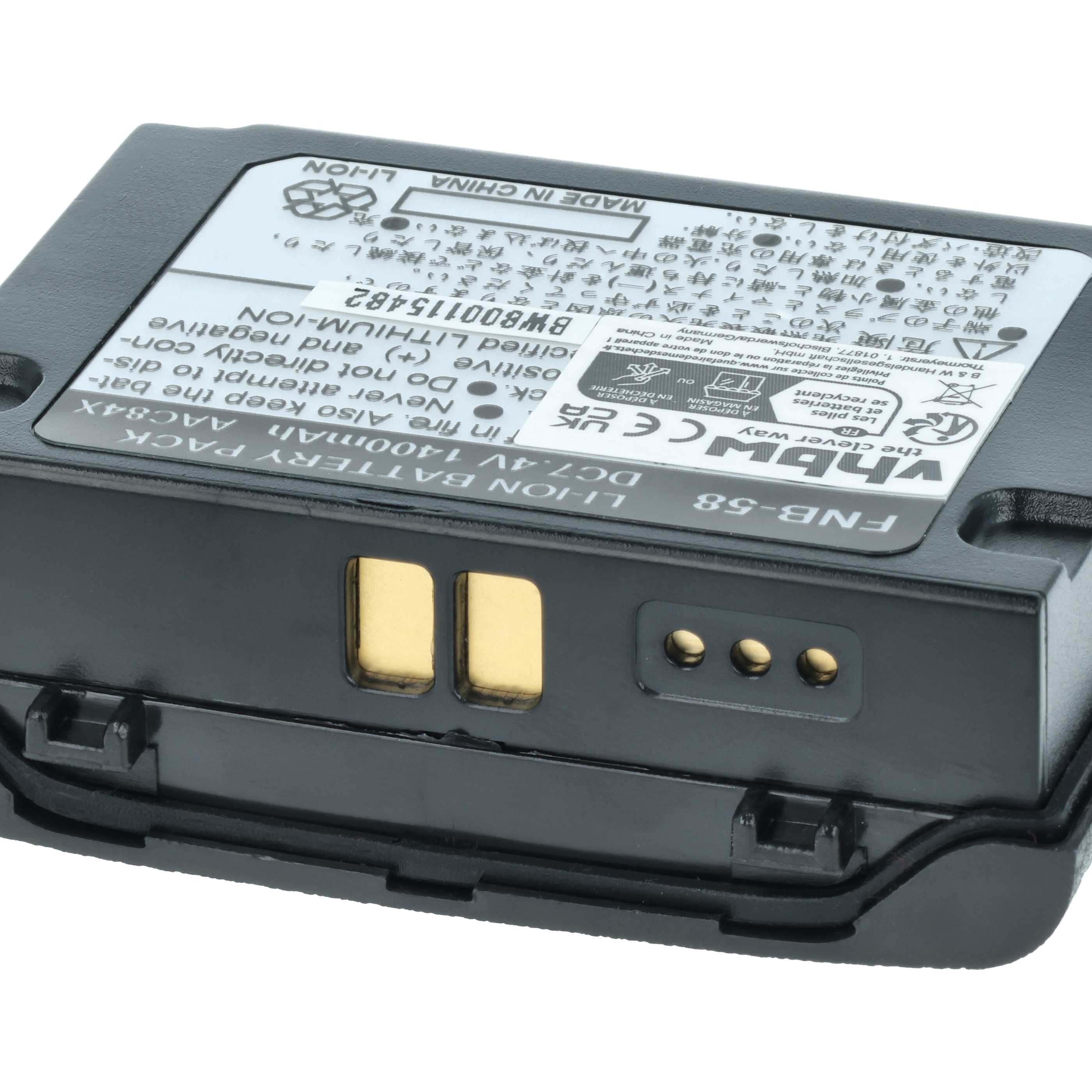 Ein schwarzer Lithium-Ionen-Akku mit goldenen Anschlüssen und Beschriftung.