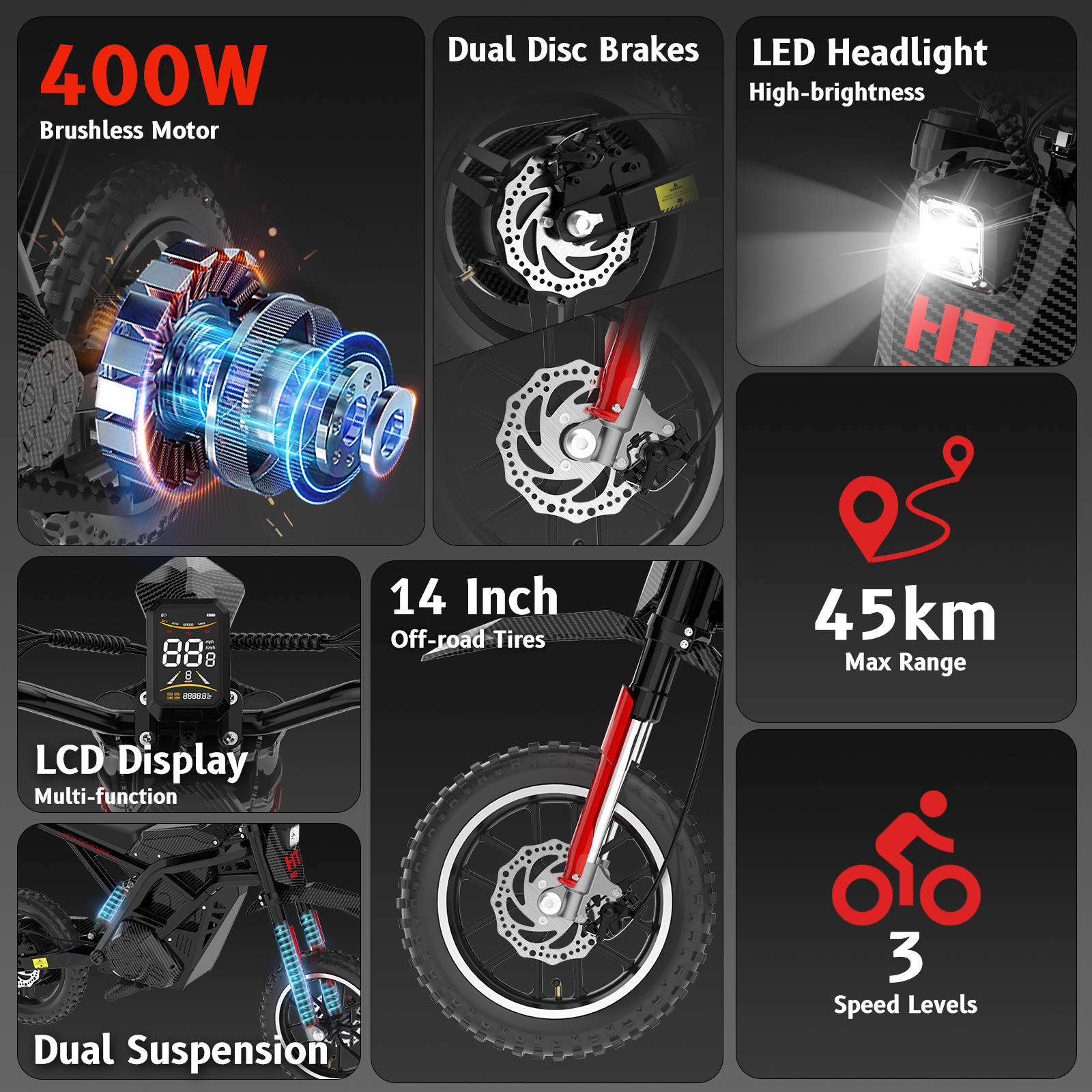 E-scooter kenmerken: 400W motor, schijfremmen, LED koplamp, 14-inch banden, LCD display.