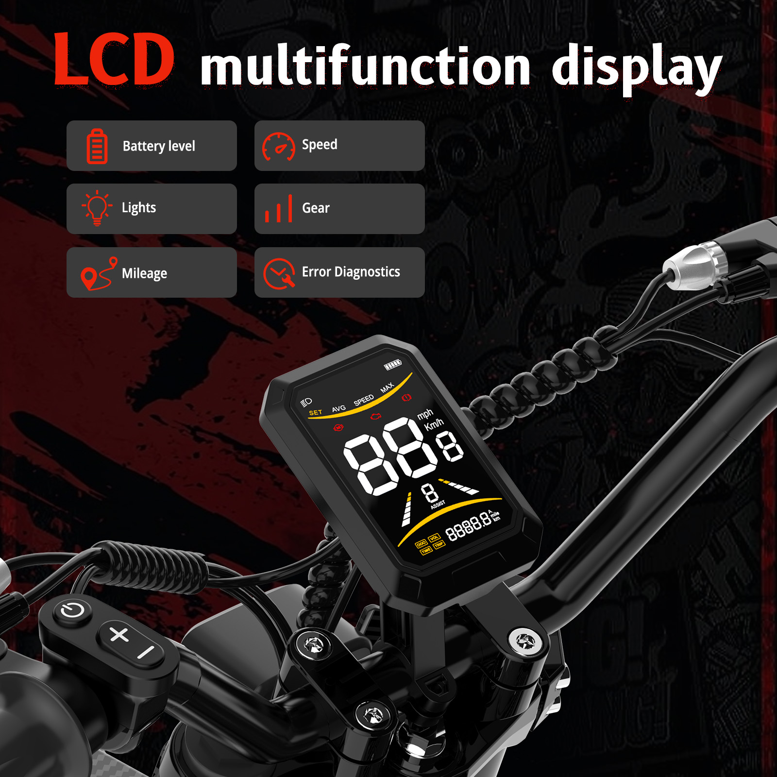 LCD multifunctioneel display met snelheids-, batterij-, versnellings- en kilometerstand.
