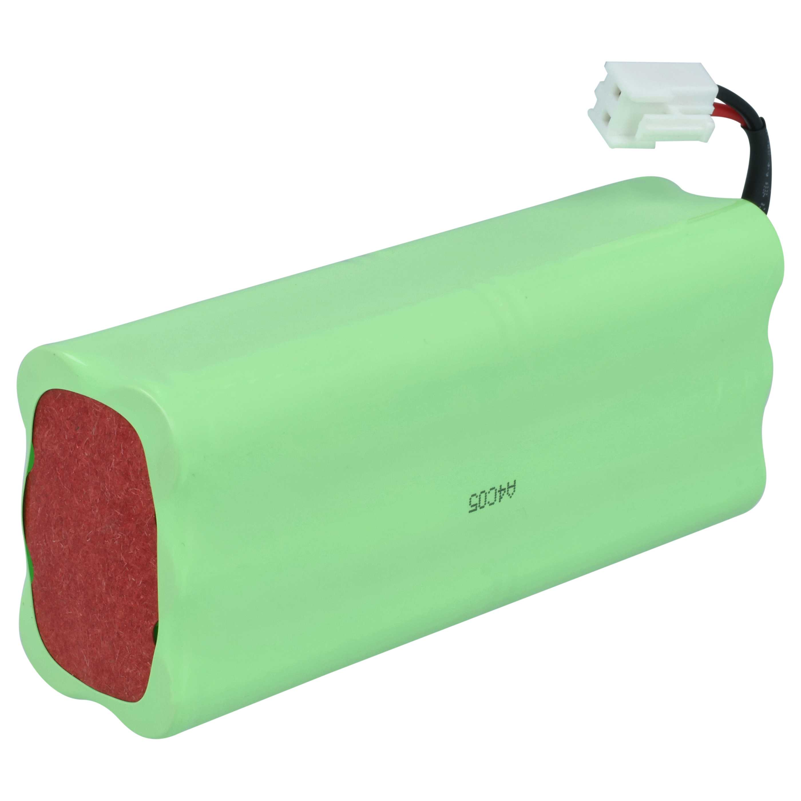 Ein grüner Akku mit rotem Ende und weißem Stecker.