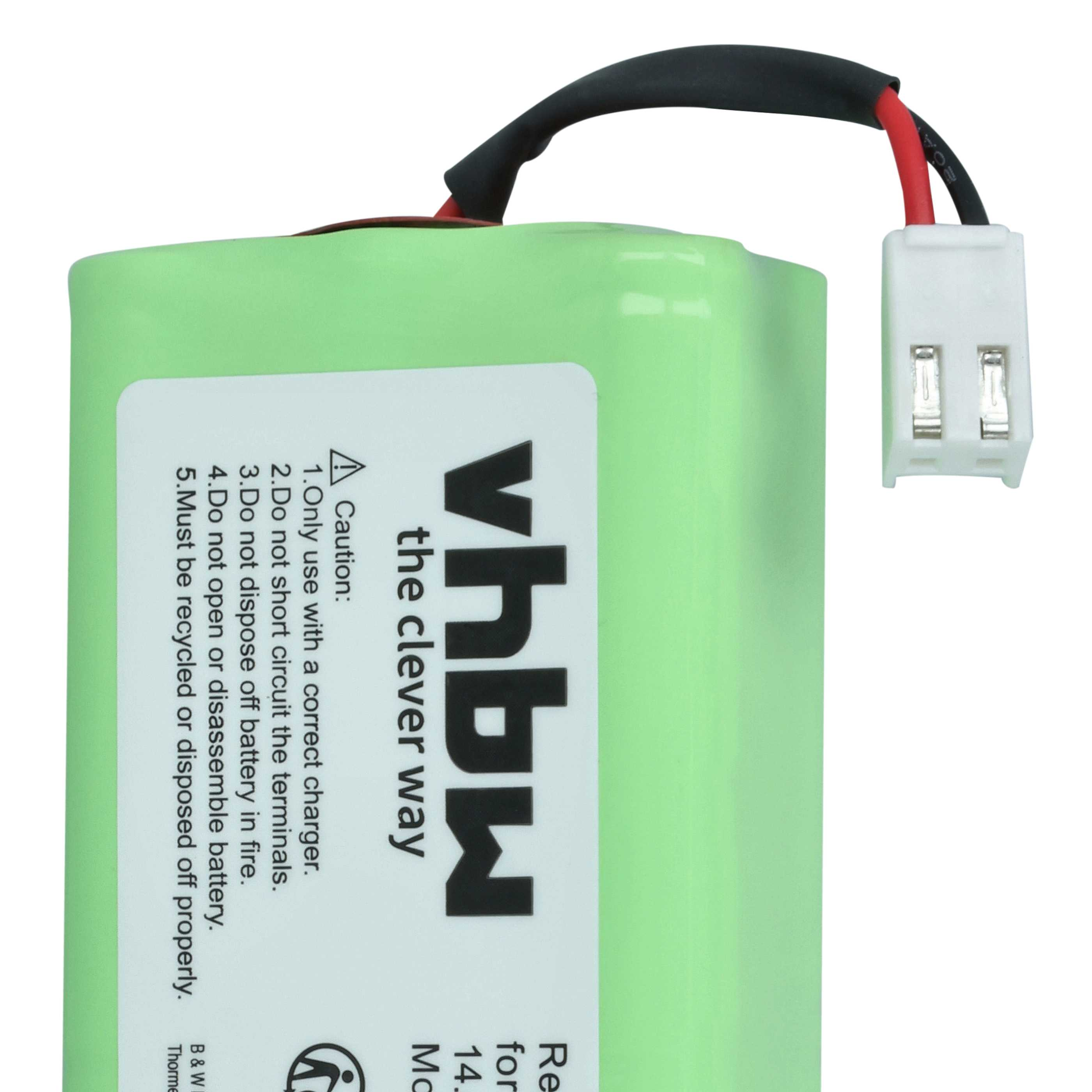 Grüne Batterie mit Kabel und Stecker, Warnhinweise aufgedruckt.