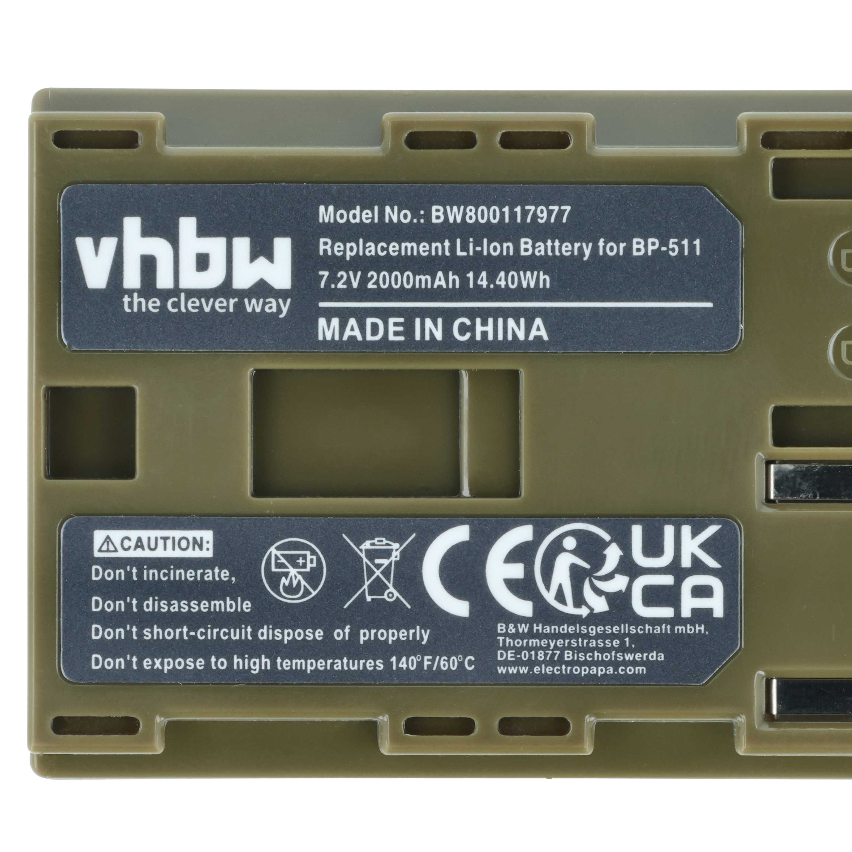 Ein olivgrüner Akku mit Etikett von vhbw, Modell BW800117977, Made in China.