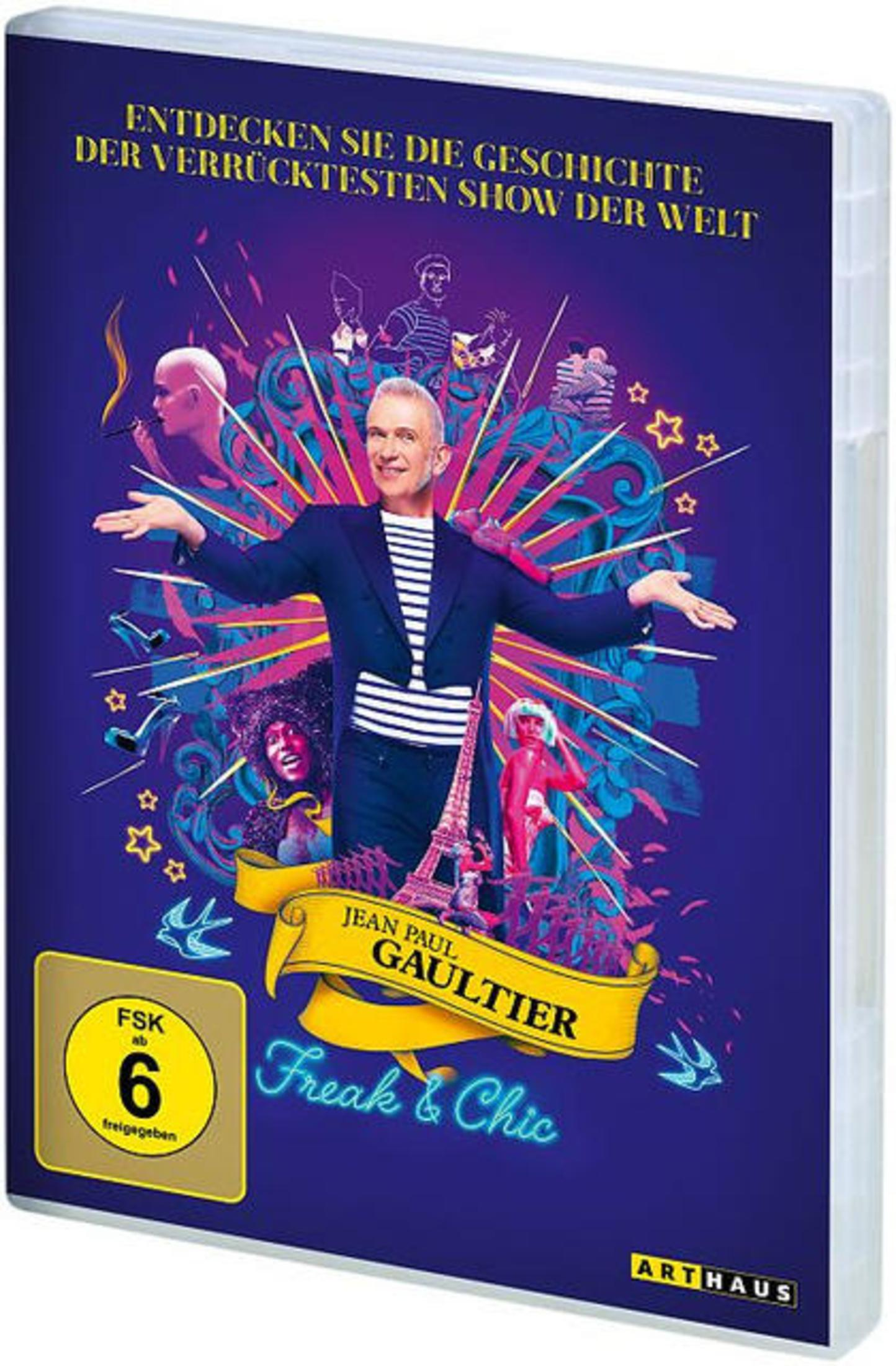 Copertina DVD: Jean Paul Gaultier "Freak & Chic" con artisti, Torre Eiffel e bollino FSK 6.