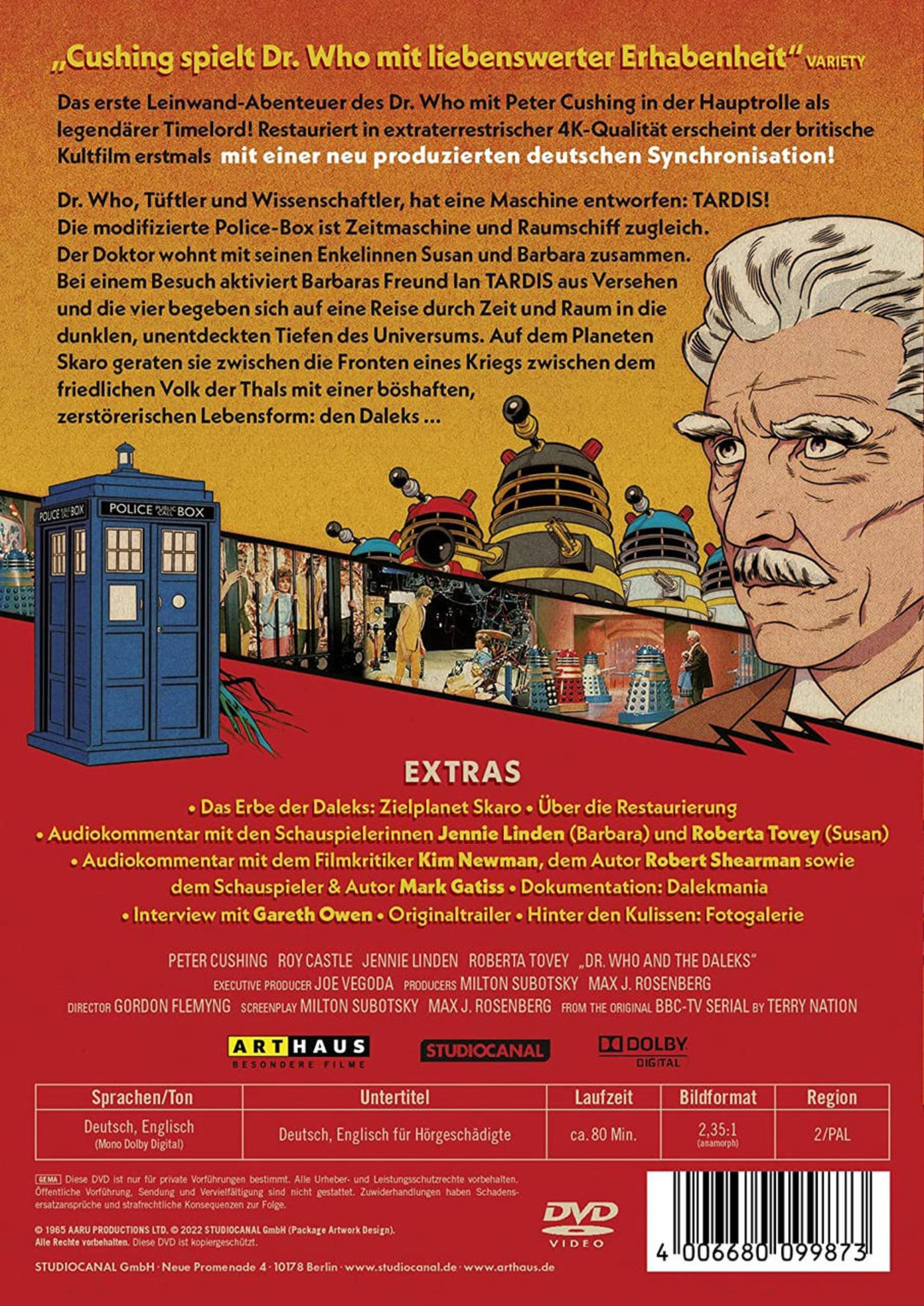 Copertina DVD Dr. Who: Peter Cushing, Dalek, TARDIS, info film ed extra.