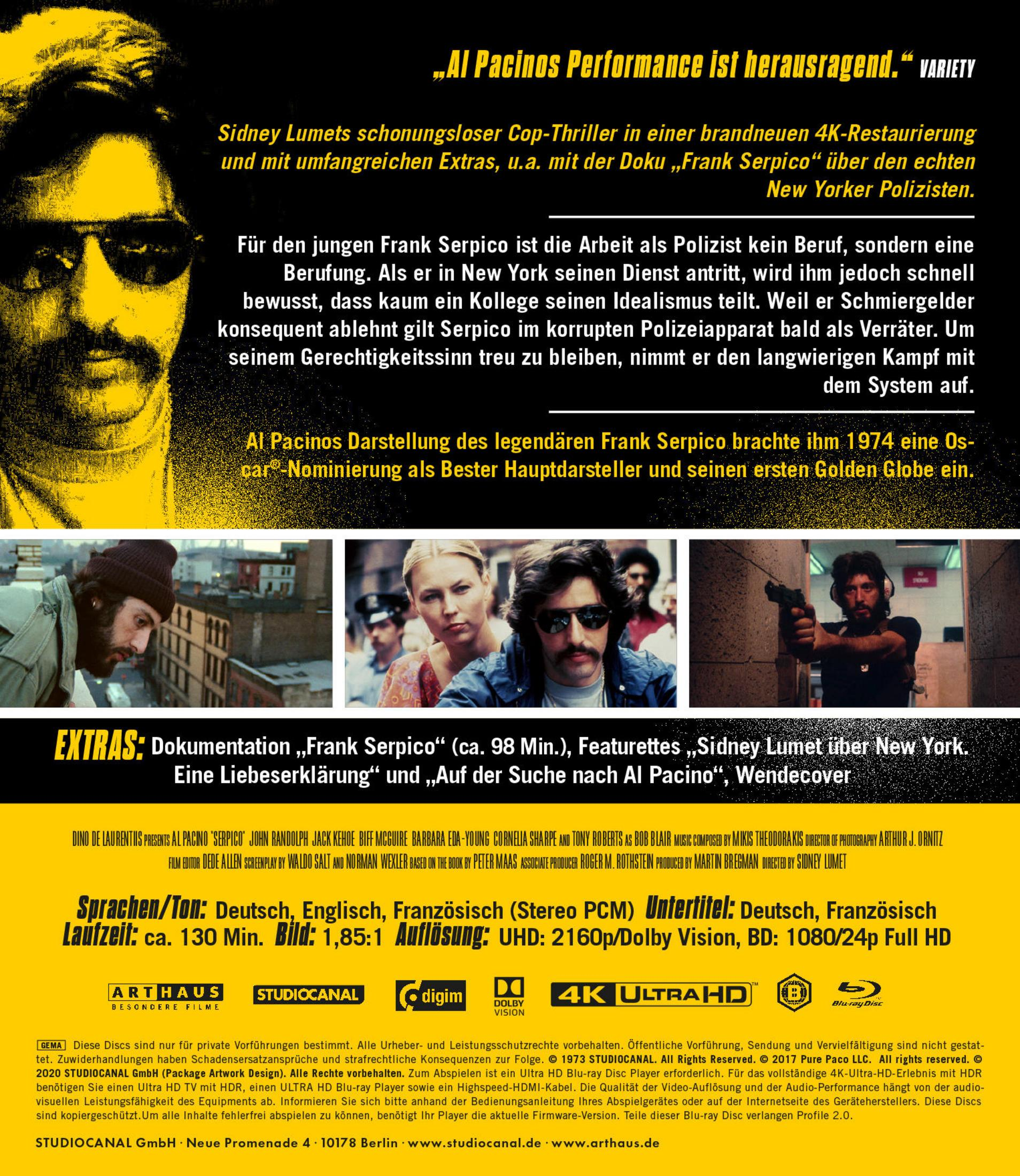 Filmplakat für „Serpico“ mit Al Pacino, 4K-Restaurierung.