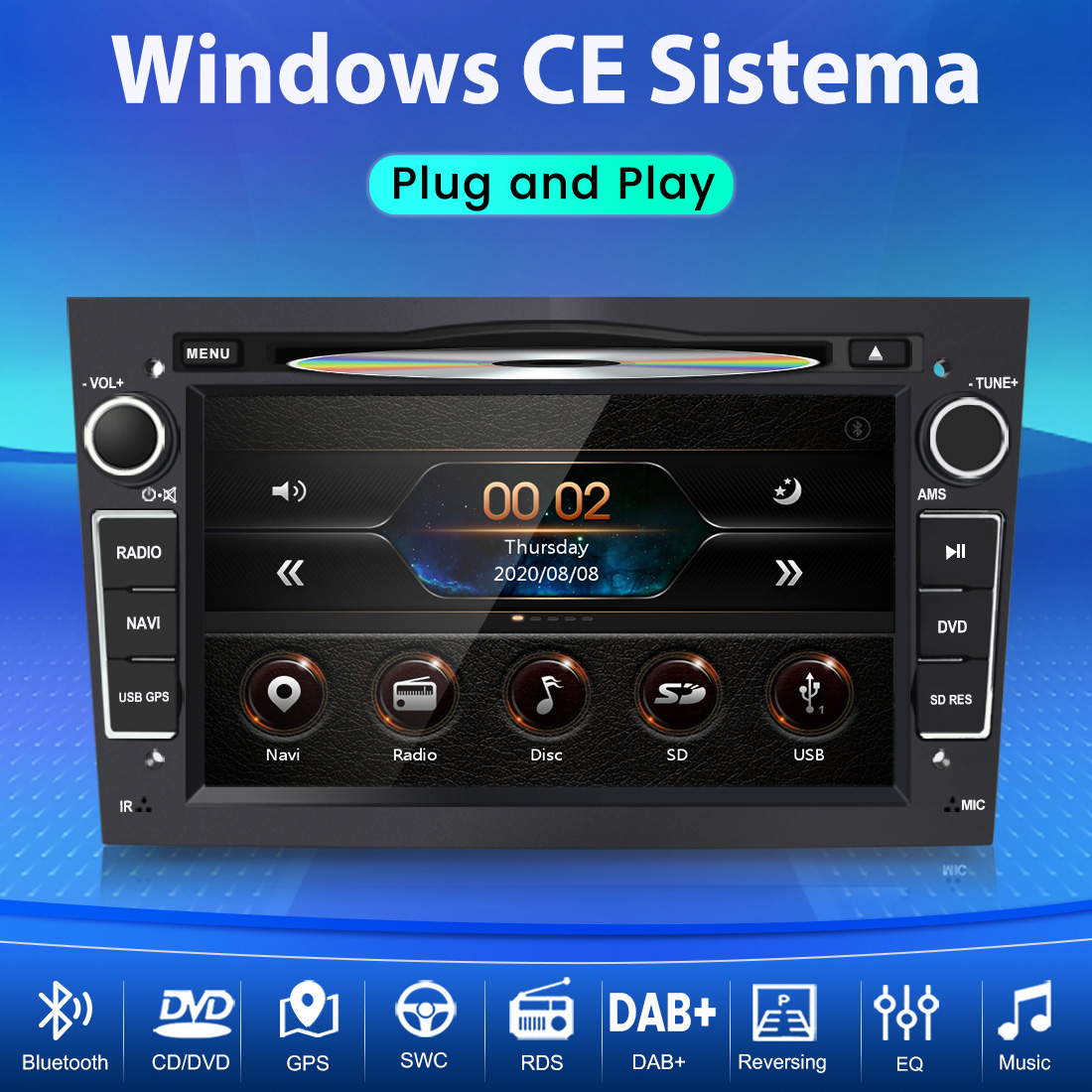 Una radio de coche con pantalla táctil muestra la hora y la fecha.