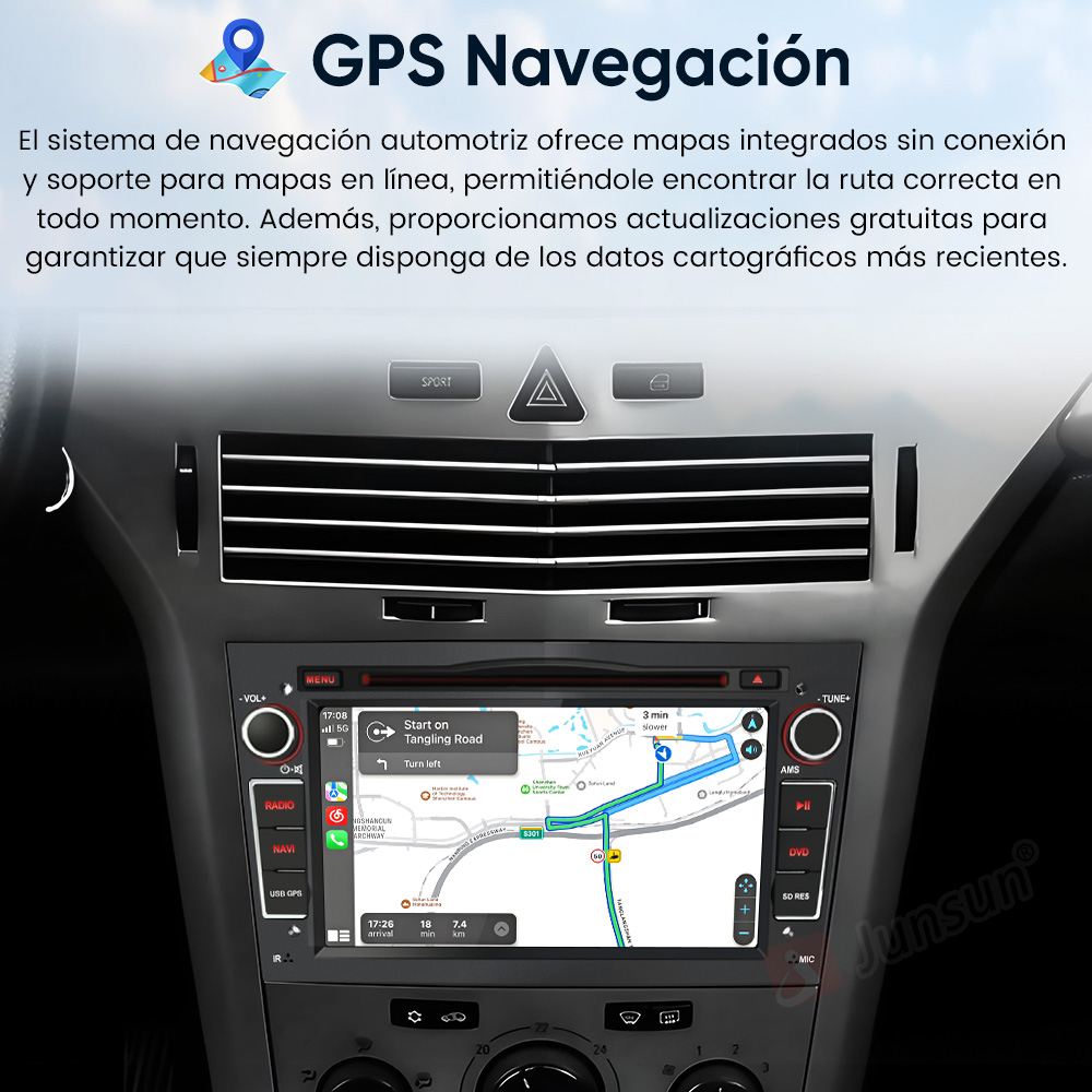 Salpicadero de coche con pantalla de navegación GPS mostrando ruta.