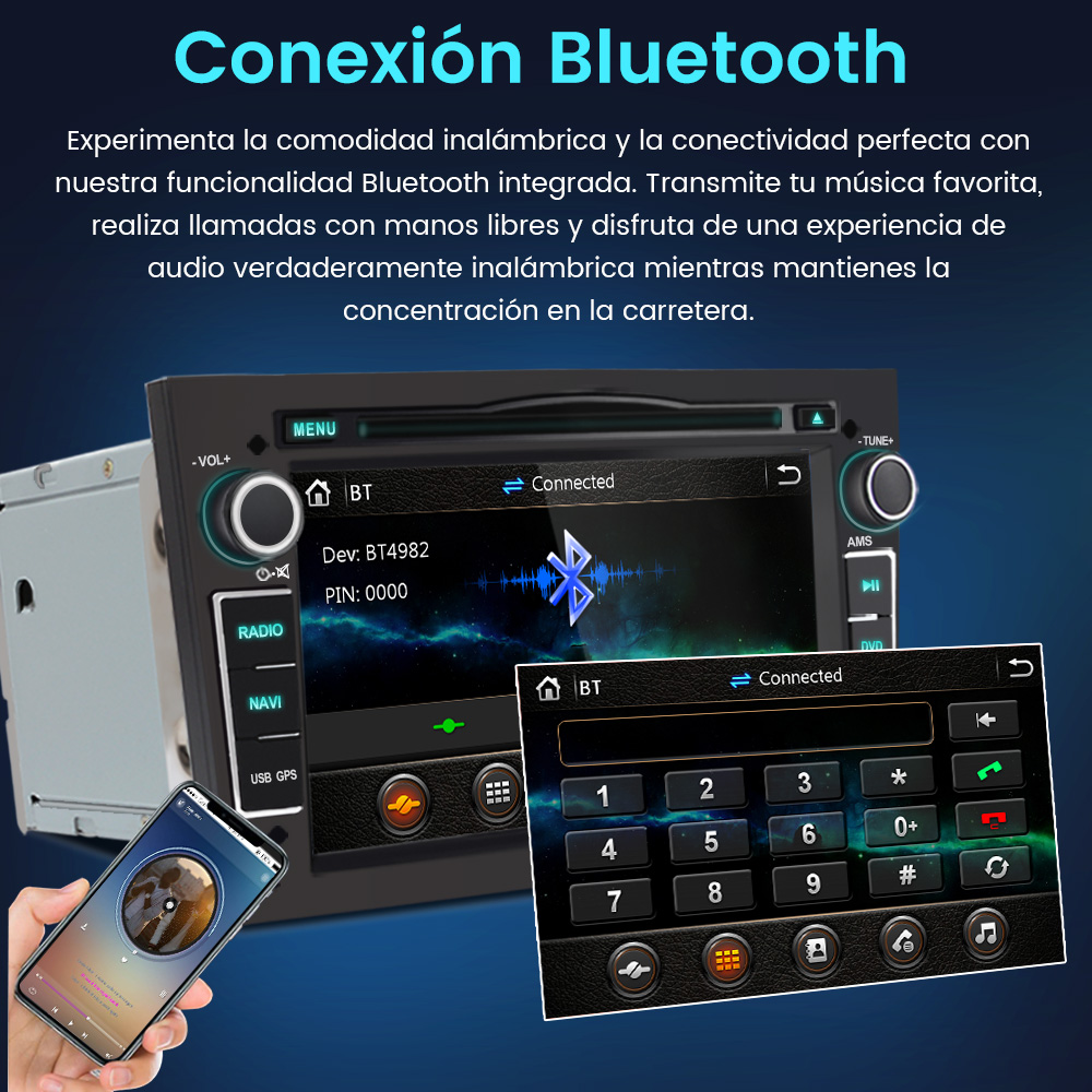 Sistema de infoentretenimiento del coche con conexión Bluetooth, teléfono y música.
