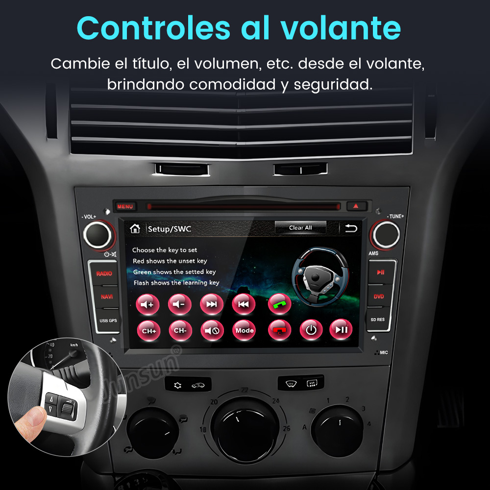 Interior de coche con radio táctil mostrando configuración de controles.