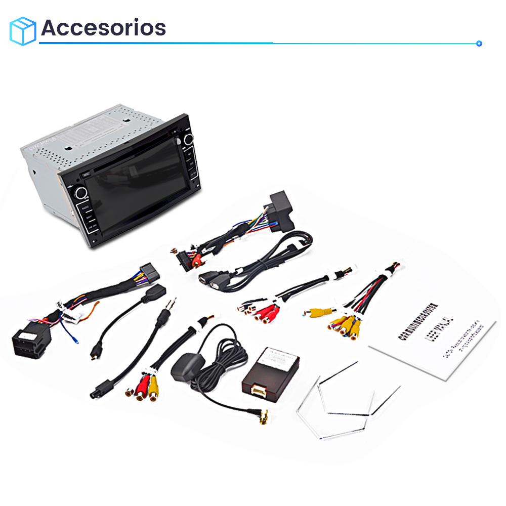 Un autorradio con accesorios, cables y un manual.