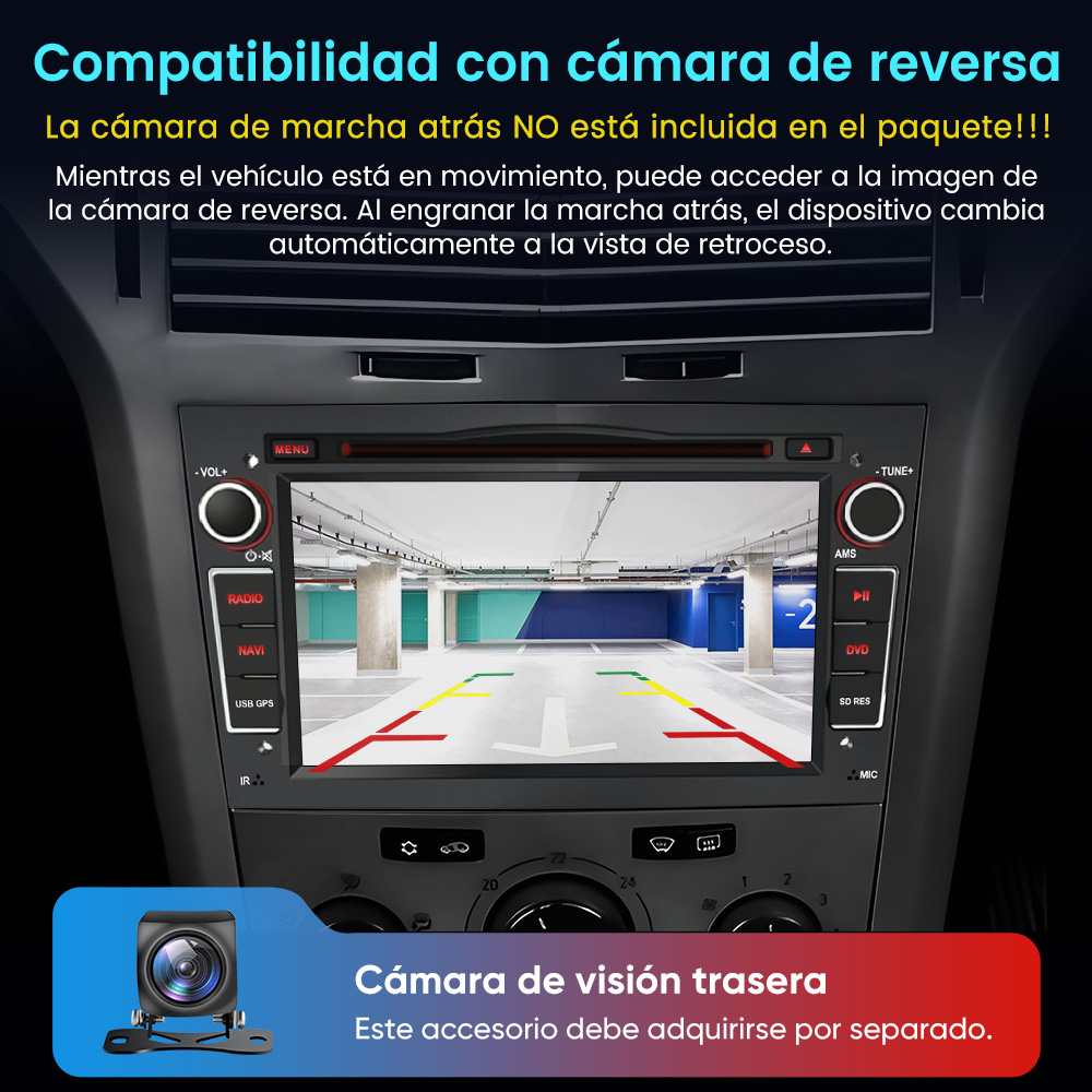 Pantalla de autorradio muestra aparcamiento con superposición de cámara trasera.