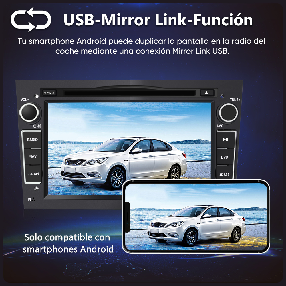 Pantalla de radio de coche muestra coche blanco; teléfono debajo muestra mismo coche.