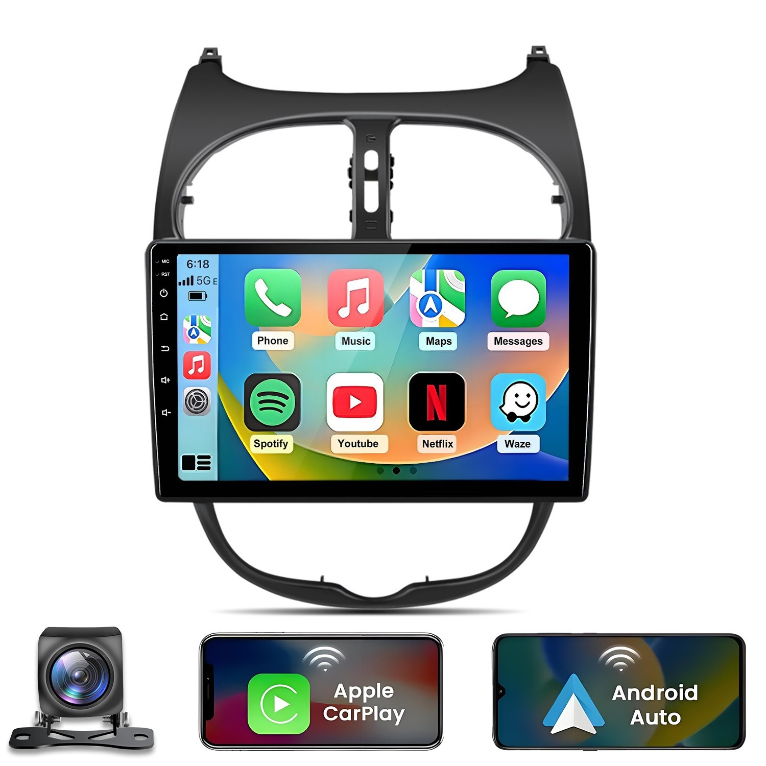 Pantalla de radio de coche con apps, cámara de marcha atrás y smartphones.