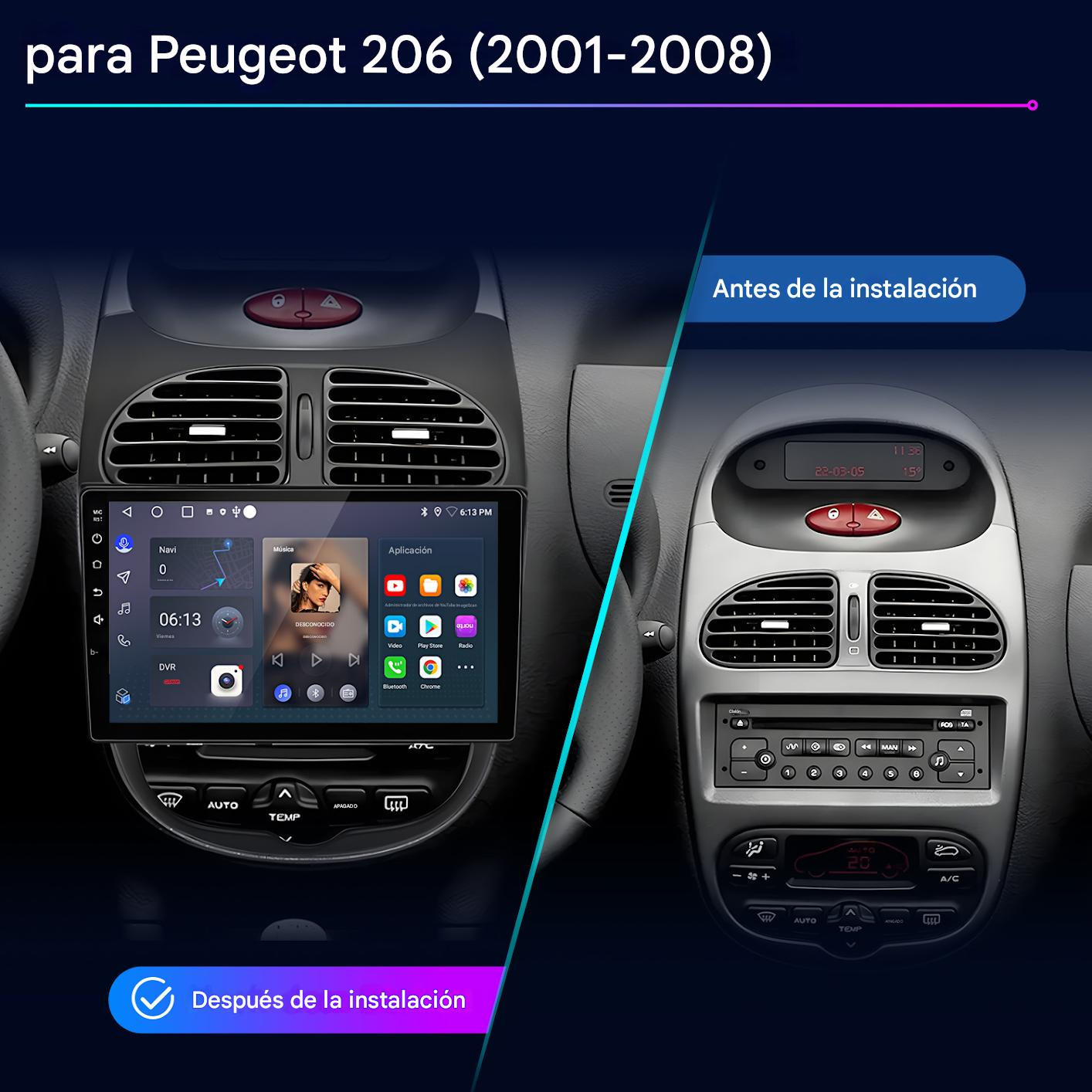 Comparación antes/después de una radio Peugeot 206 con mejora de pantalla táctil.