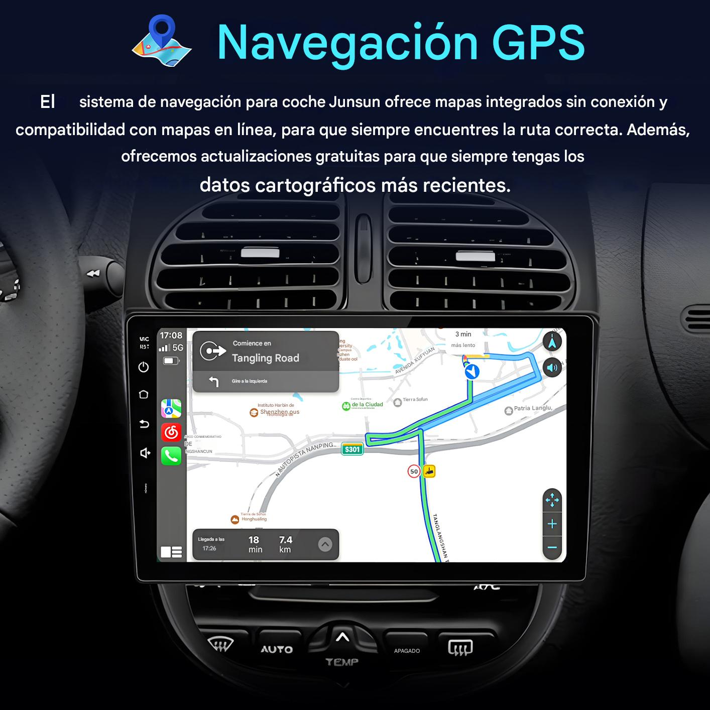 Un sistema de navegación para coche muestra un mapa con una ruta. La hora es 17:08.