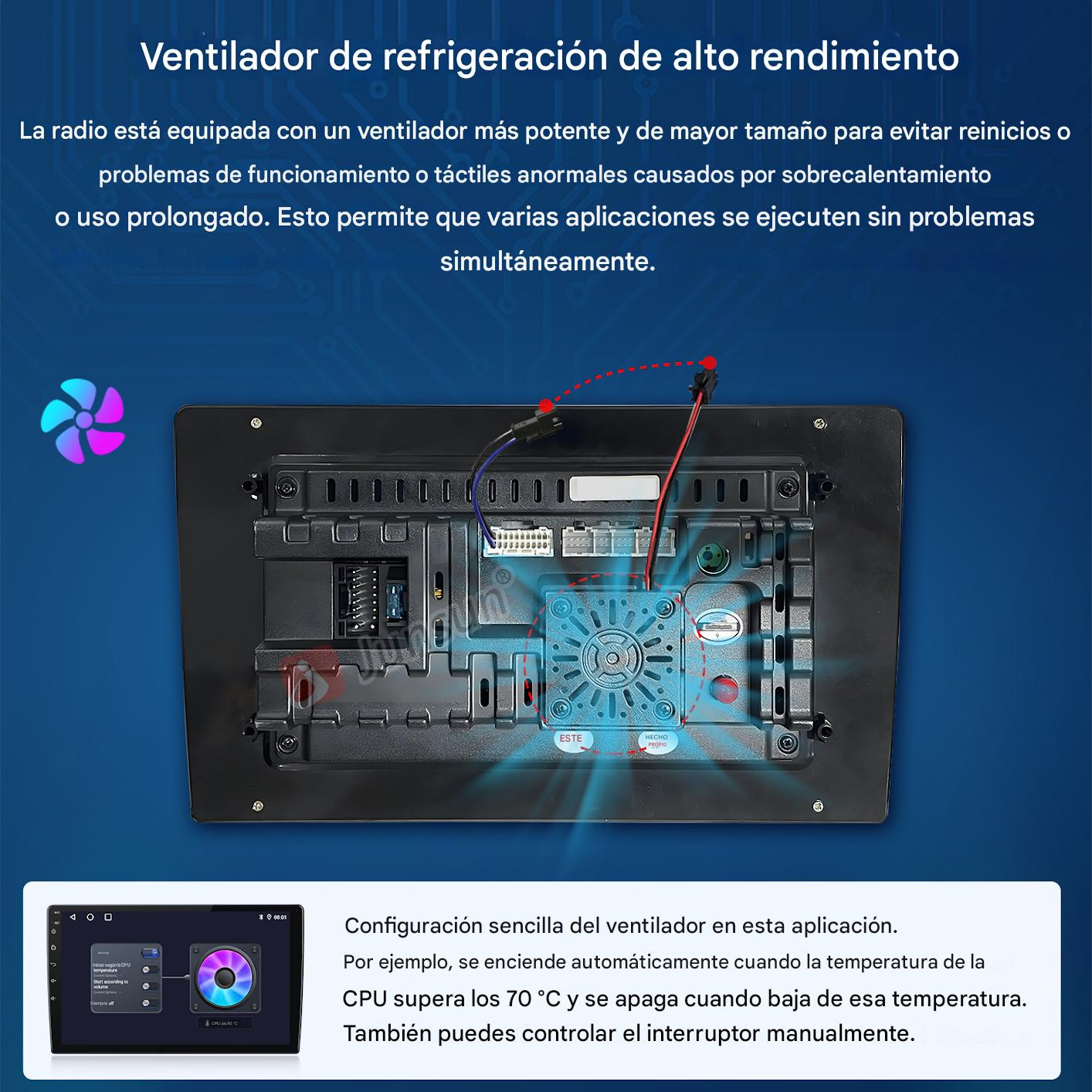 Reverso de radio de coche con ventilador, brillo azul y pantalla.