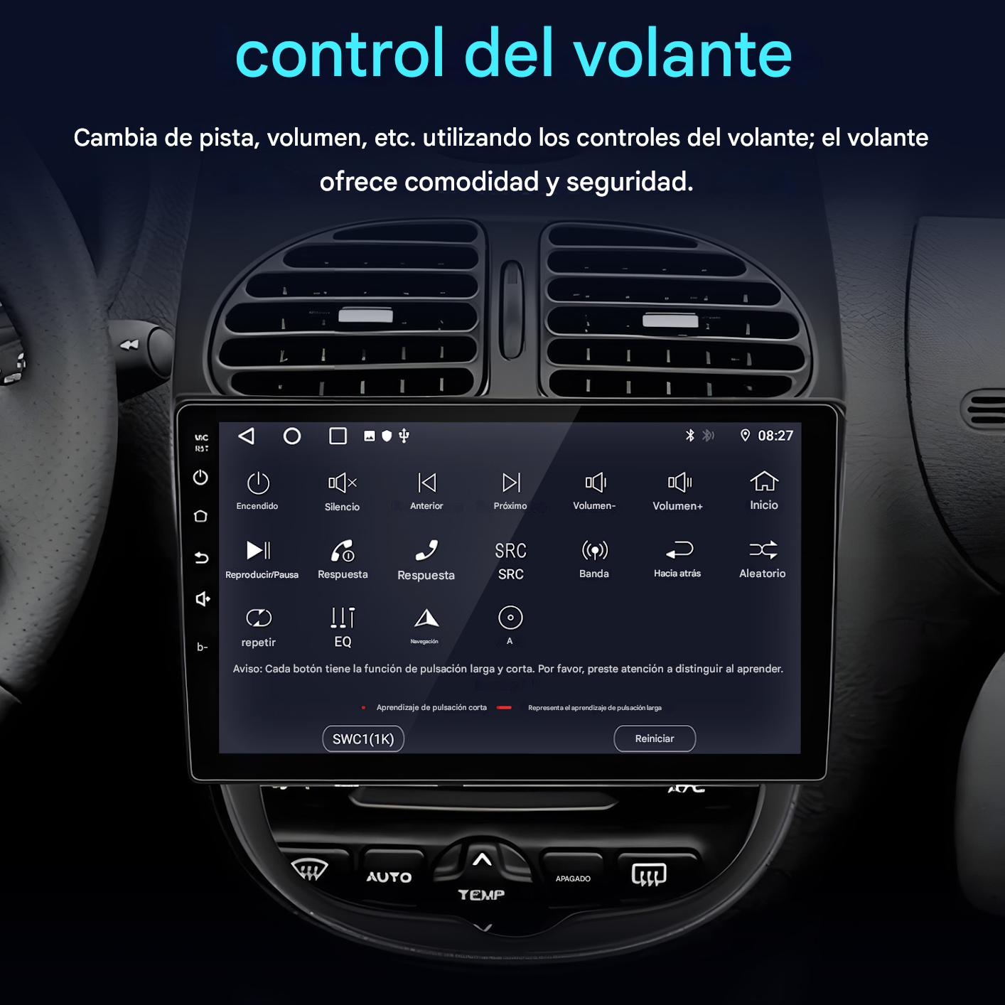 Una moderna pantalla de radio de coche muestra varios iconos y texto.