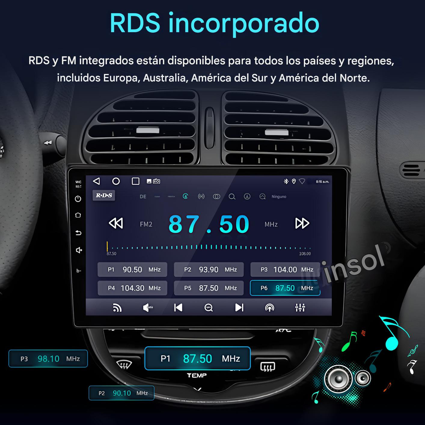 Una pantalla de radio de coche muestra información de emisoras RDS y FM con frecuencias.