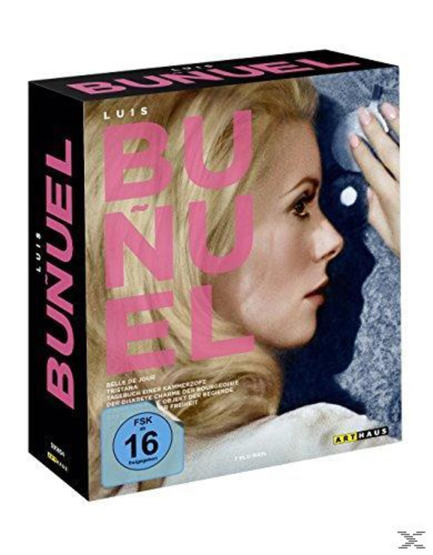 Box DVD Luis Buñuel con ritratto di donna e scritte rosa.