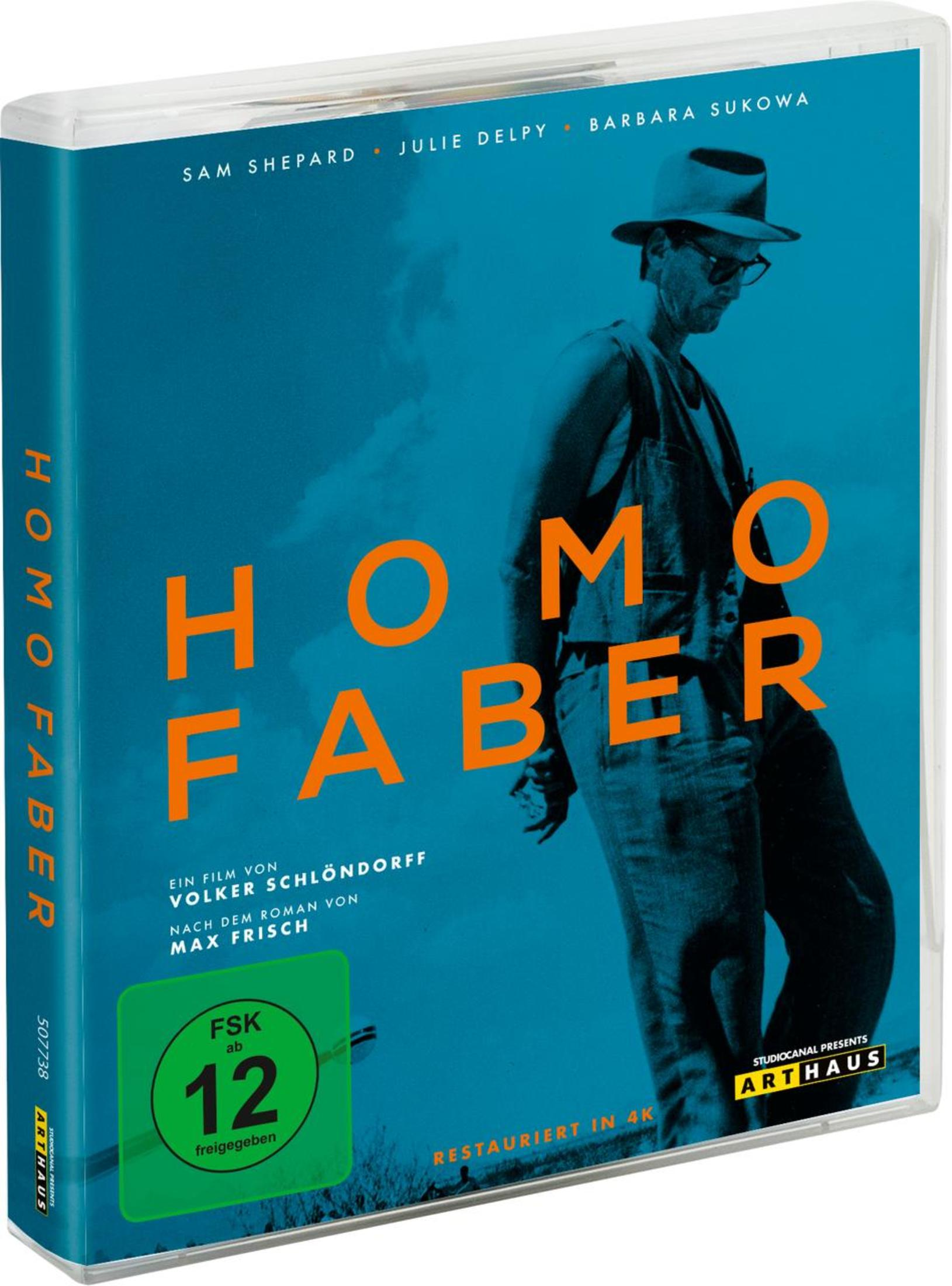 Copertina DVD di Homo Faber con uomo con cappello e abito, scritte arancioni.