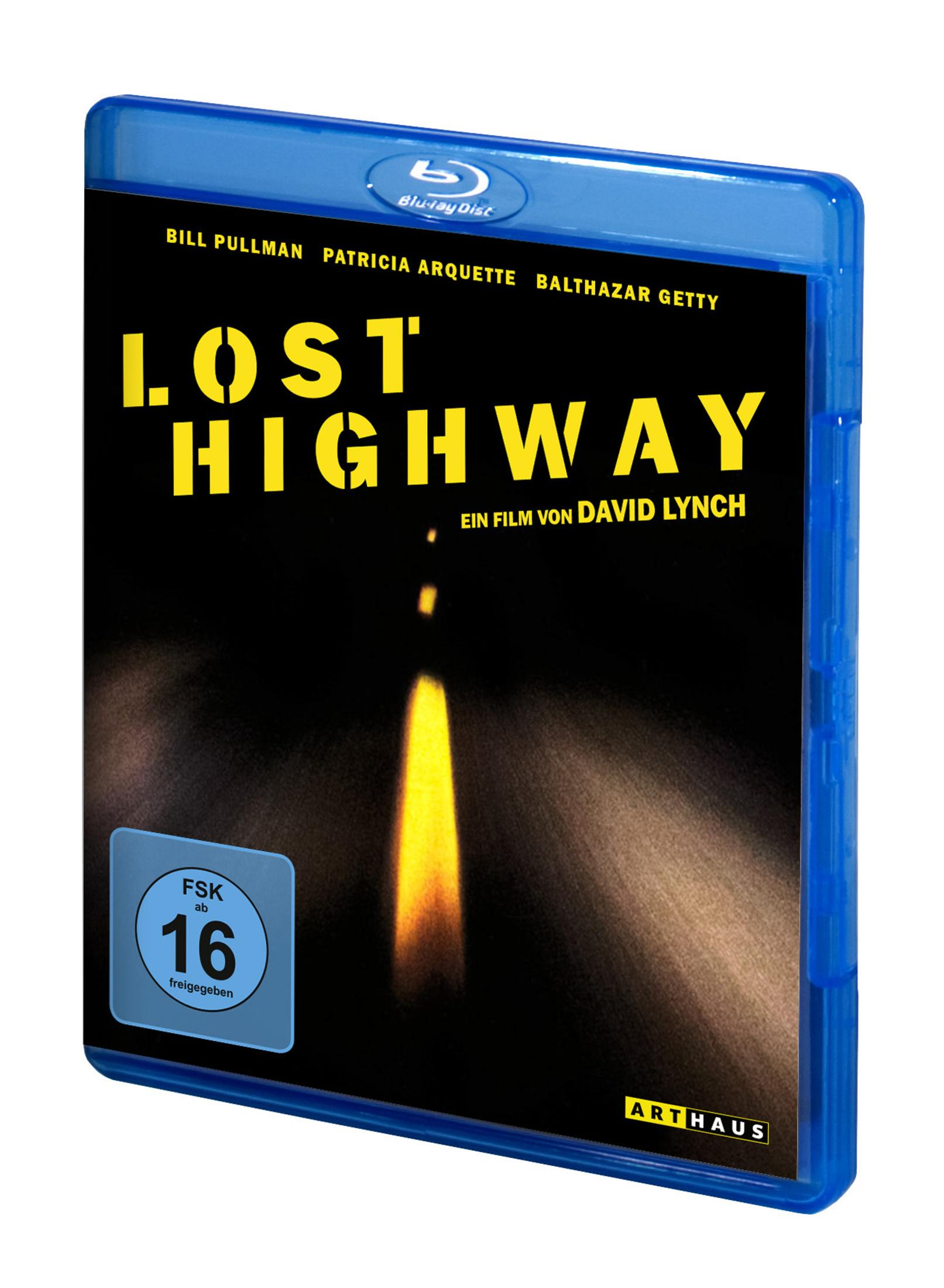 Custodia Blu-ray di 'Lost Highway' con bollino FSK-16 e scie luminose.