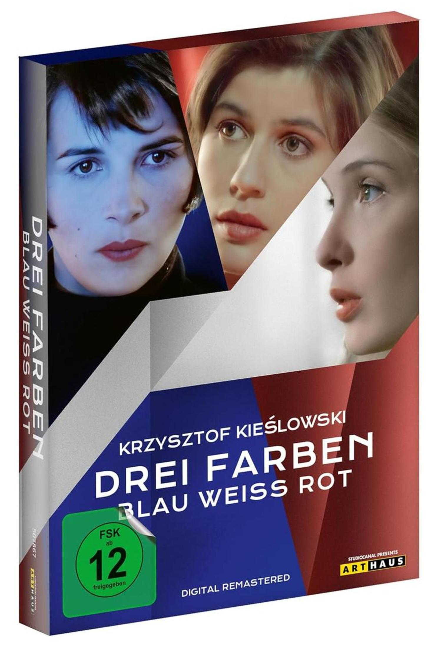 Copertina DVD "Tre Colori: Blu Bianco Rosso" con tre ritratti di donne e sigillo FSK.