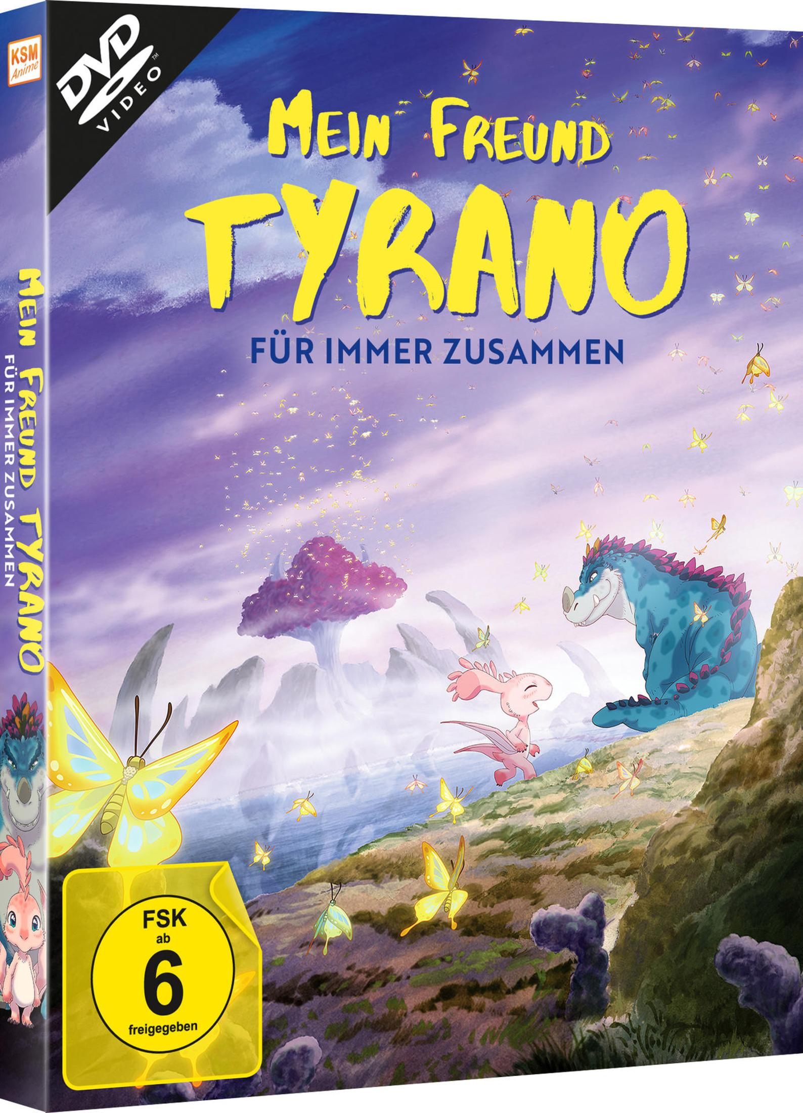 Copertina DVD con dinosauri cartoni animati e farfalle su cielo viola.