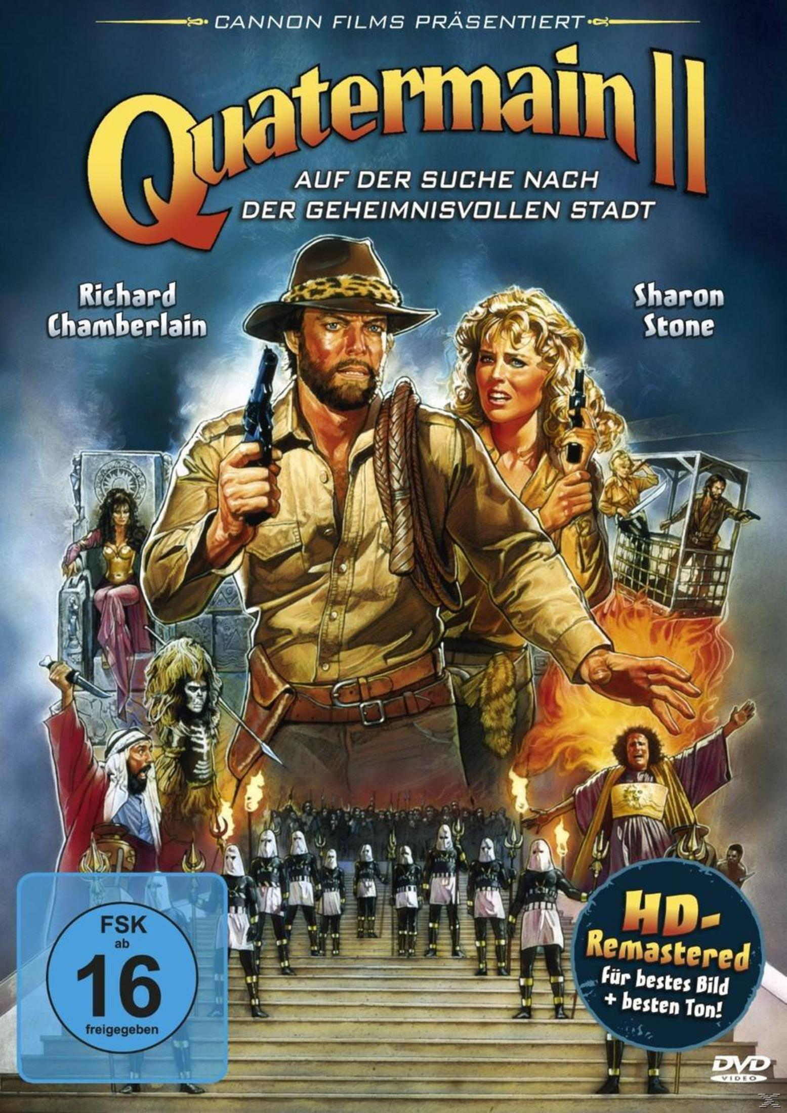 Poster del film Quatermain II con Richard Chamberlain e Sharon Stone, scena d'azione.