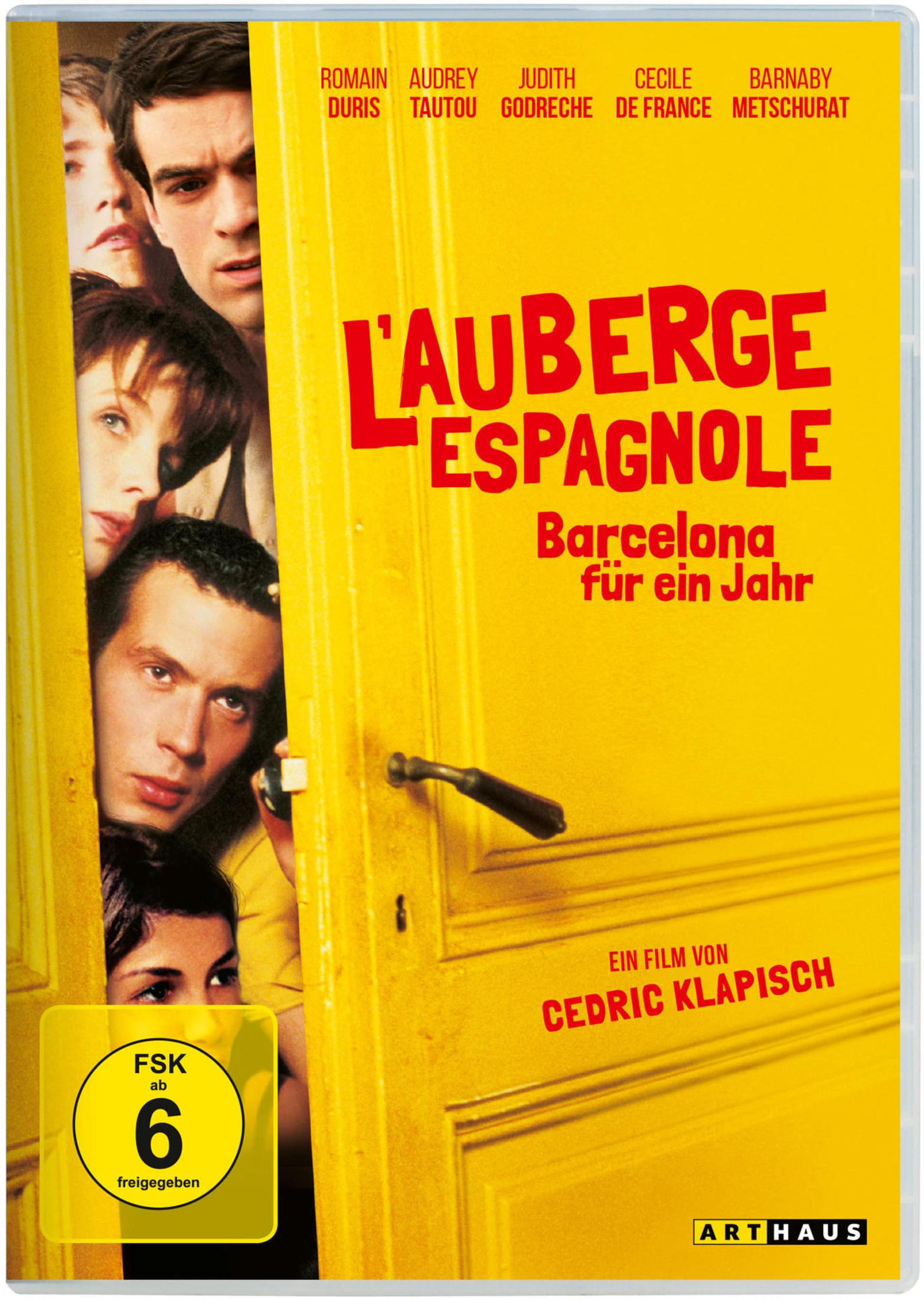 Poster del film con volti che sbirciano da una porta gialla. Titolo: L'Auberge Espagnole.