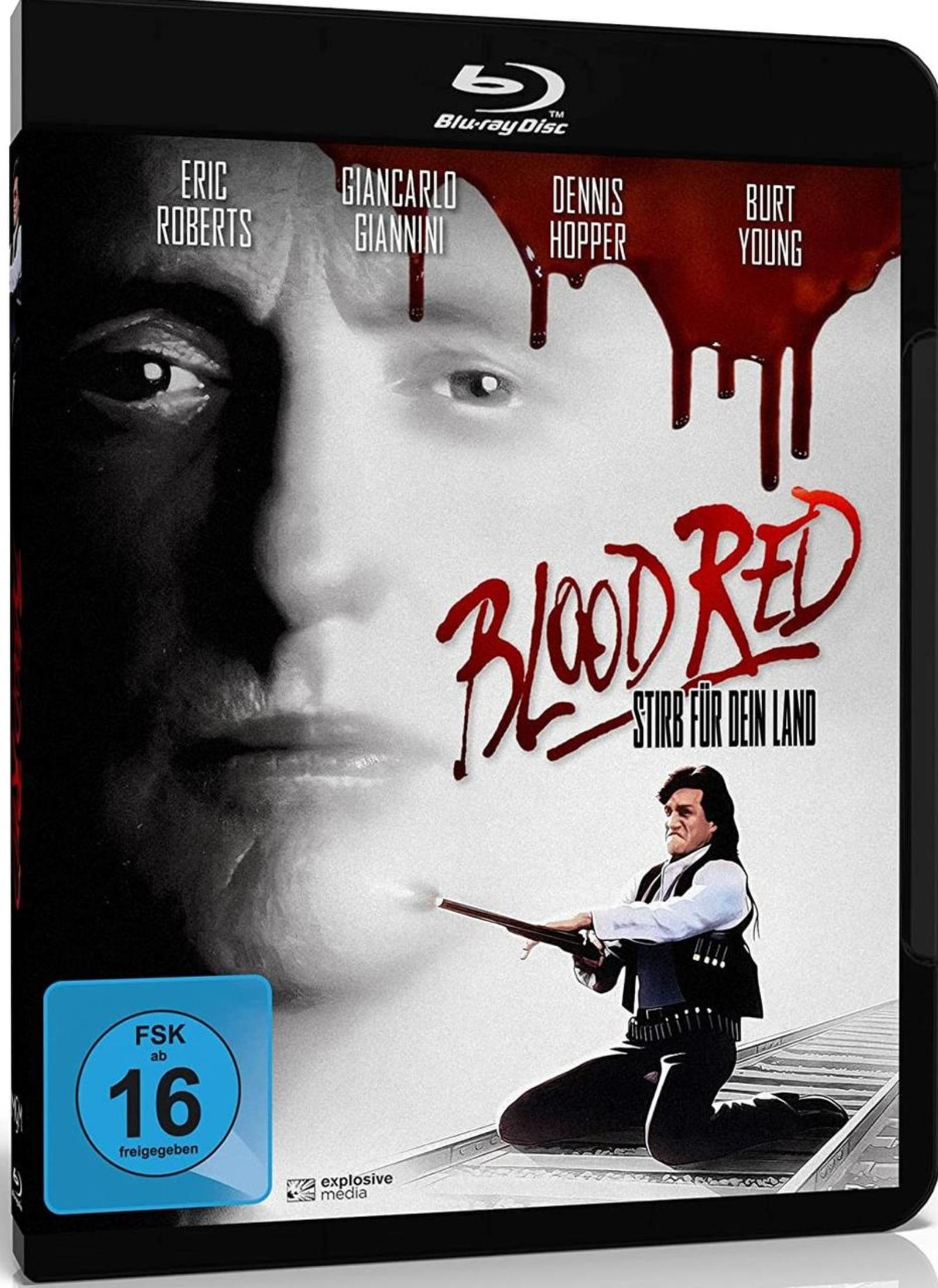 Copertina Blu-ray con nomi attori, titolo rosso 'BLOOD RED' e uomo con fucile.