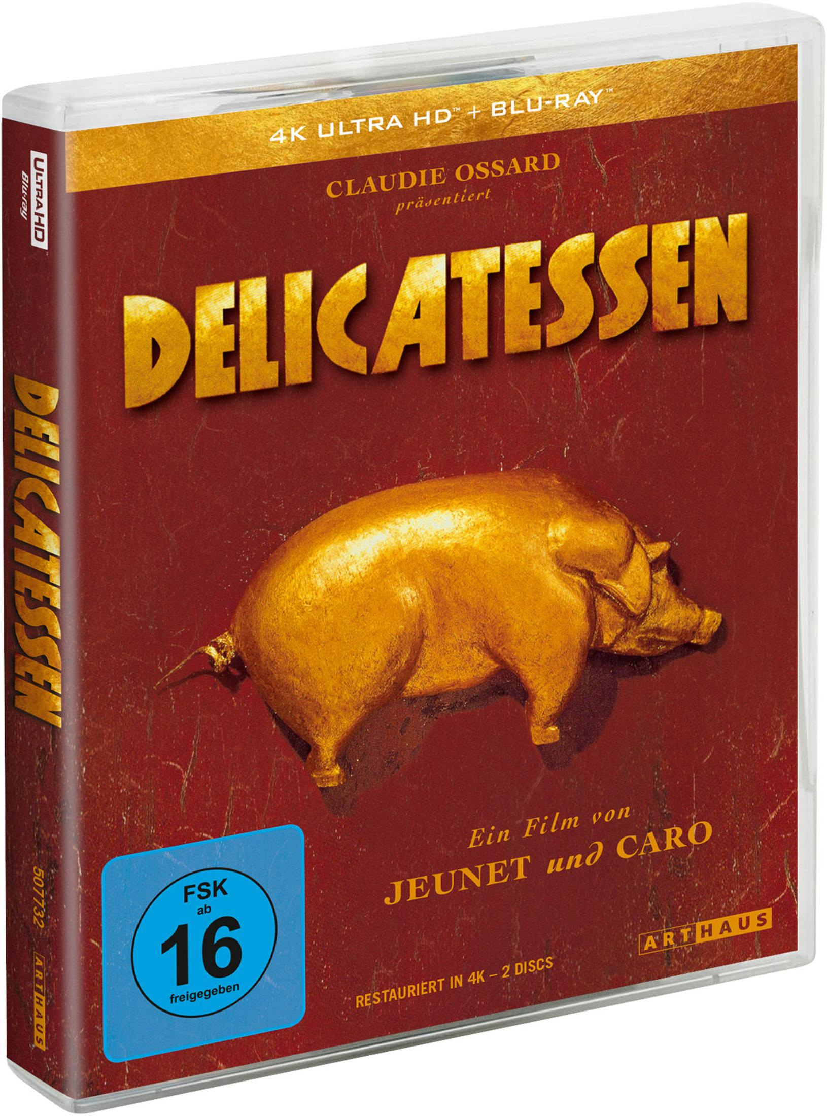 Copertina Blu-ray con maiale dorato e titolo "Delicatessen".