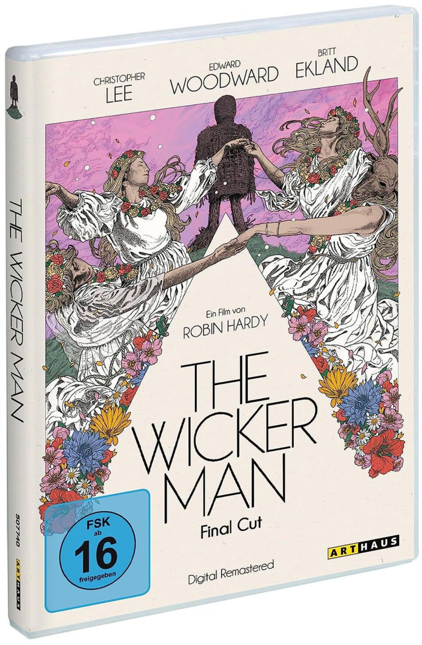 Copertina DVD: Due donne con corone di fiori, uomo in abiti marroni, titolo "The Wicker Man".