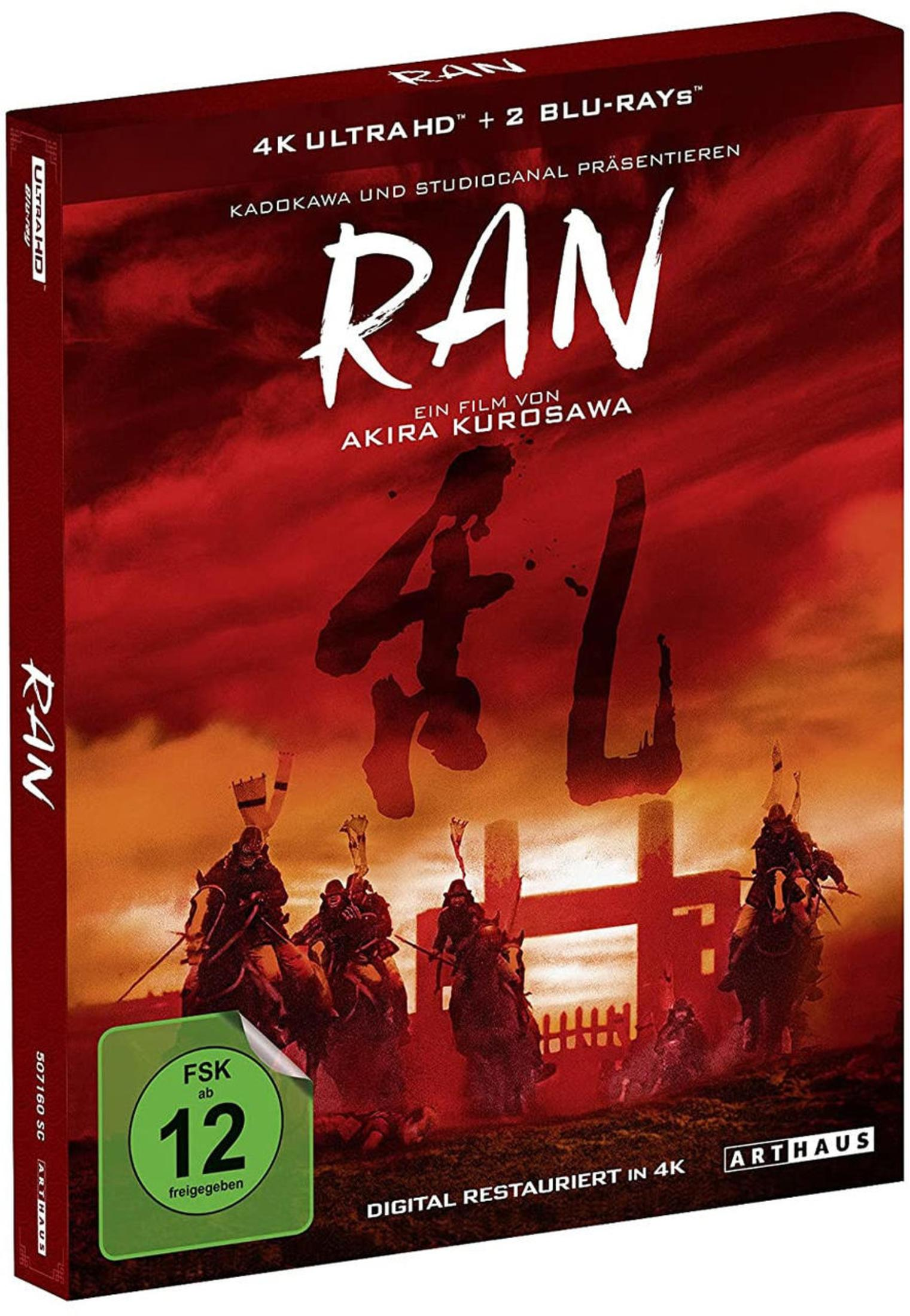 Copertina di un Blu-ray "Ran" 4K Ultra HD con guerrieri a cavallo.