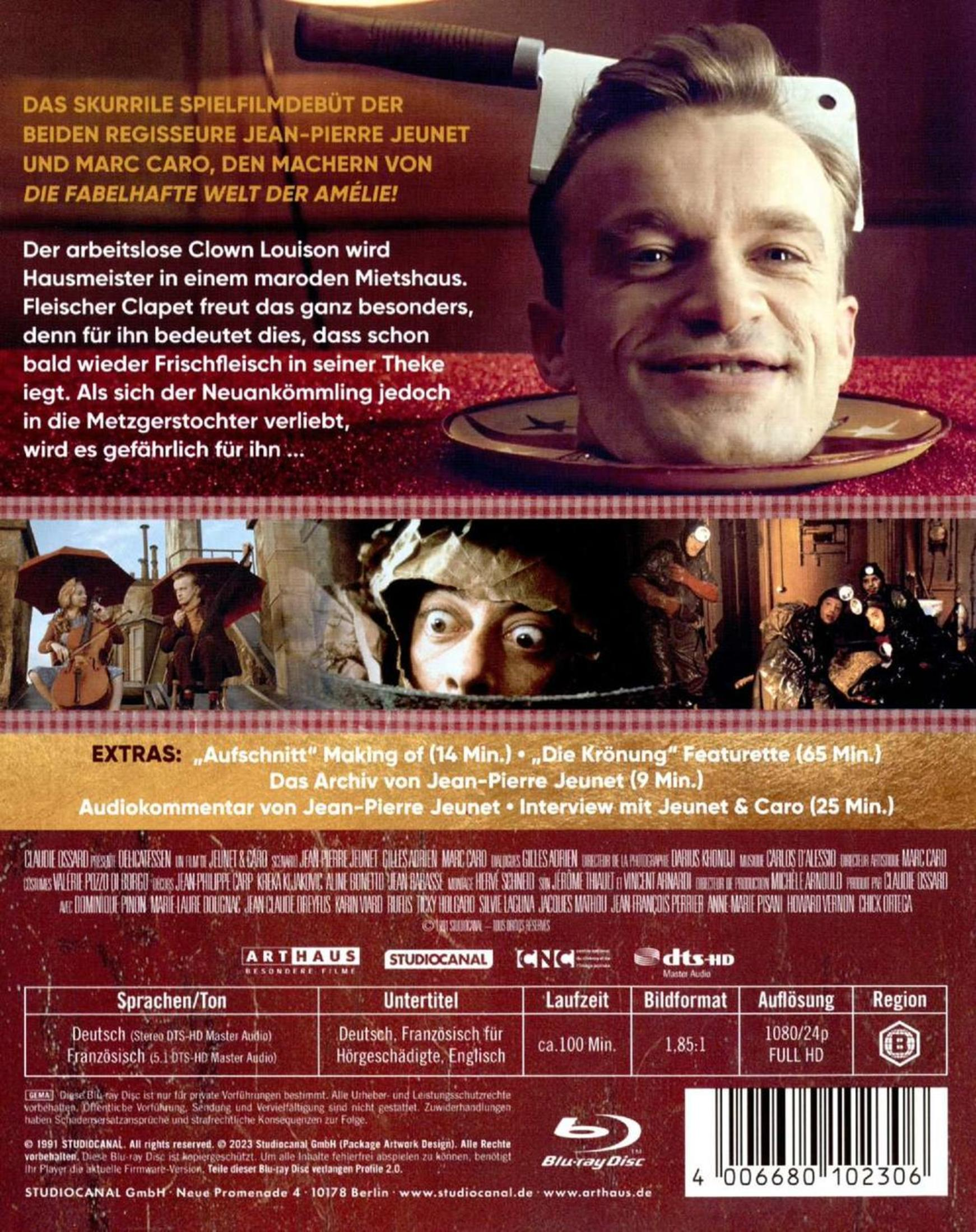 Un uomo con un'ascia da macellaio in testa e testo sul film "Delicatessen".