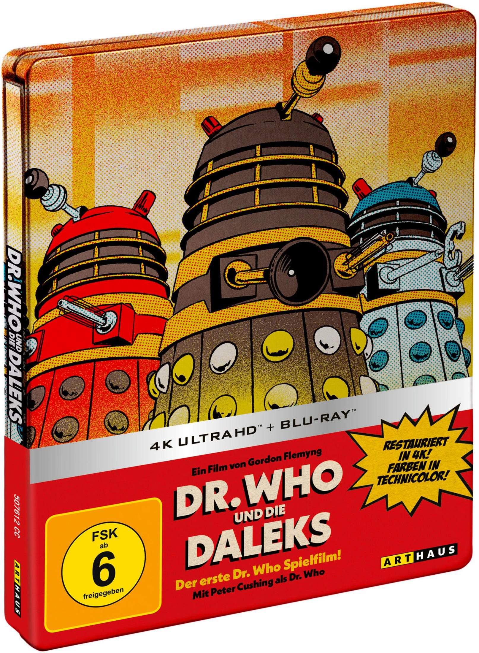 Tre Dalek davanti a uno sfondo giallo-arancio, copertina film con testo.