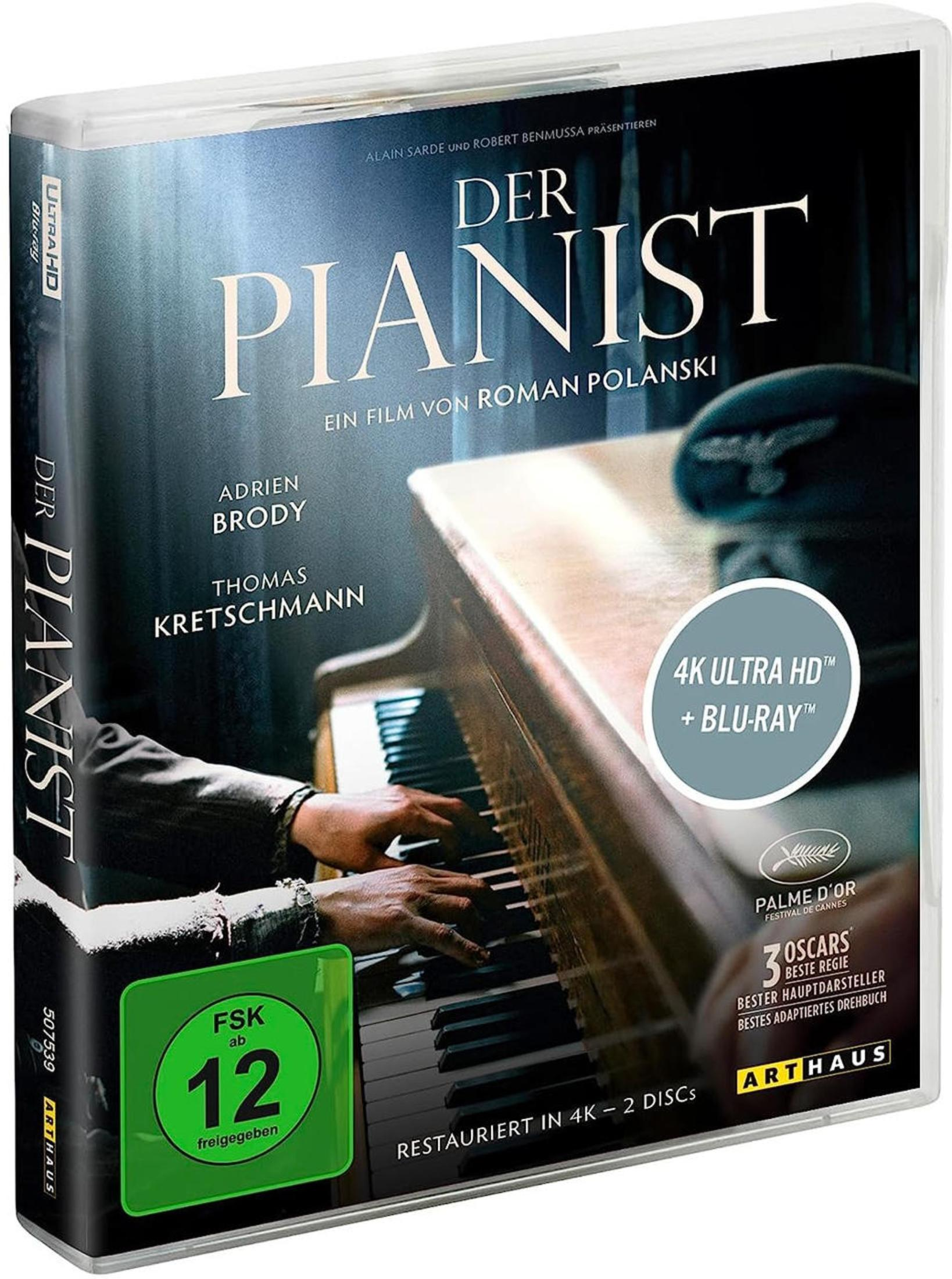 Custodia Blu-ray Il Pianista con un uomo che suona il piano. FSK 12.