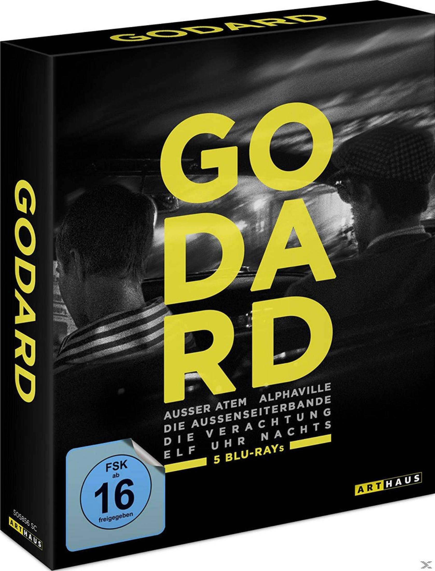 Il cofanetto Blu-ray Godard con scritte gialle su sfondo nero.