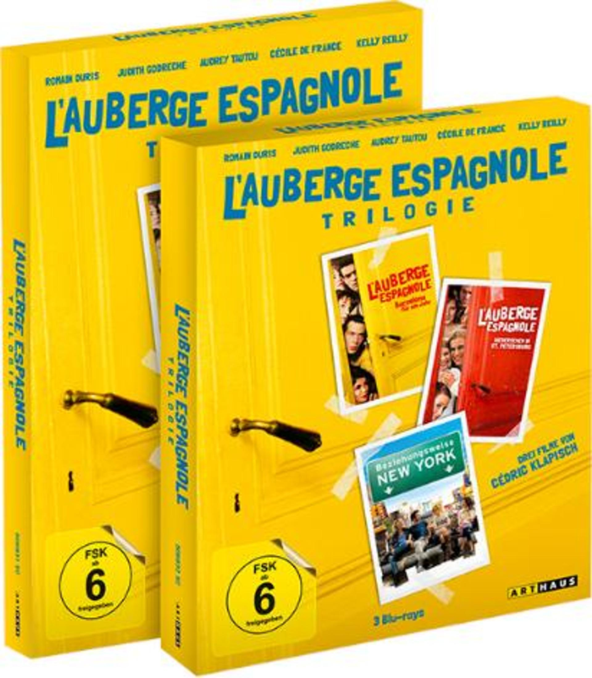 Zwei gelbe Blu-ray-Boxen mit dem Titel "L'Auberge Espagnole Trilogie".