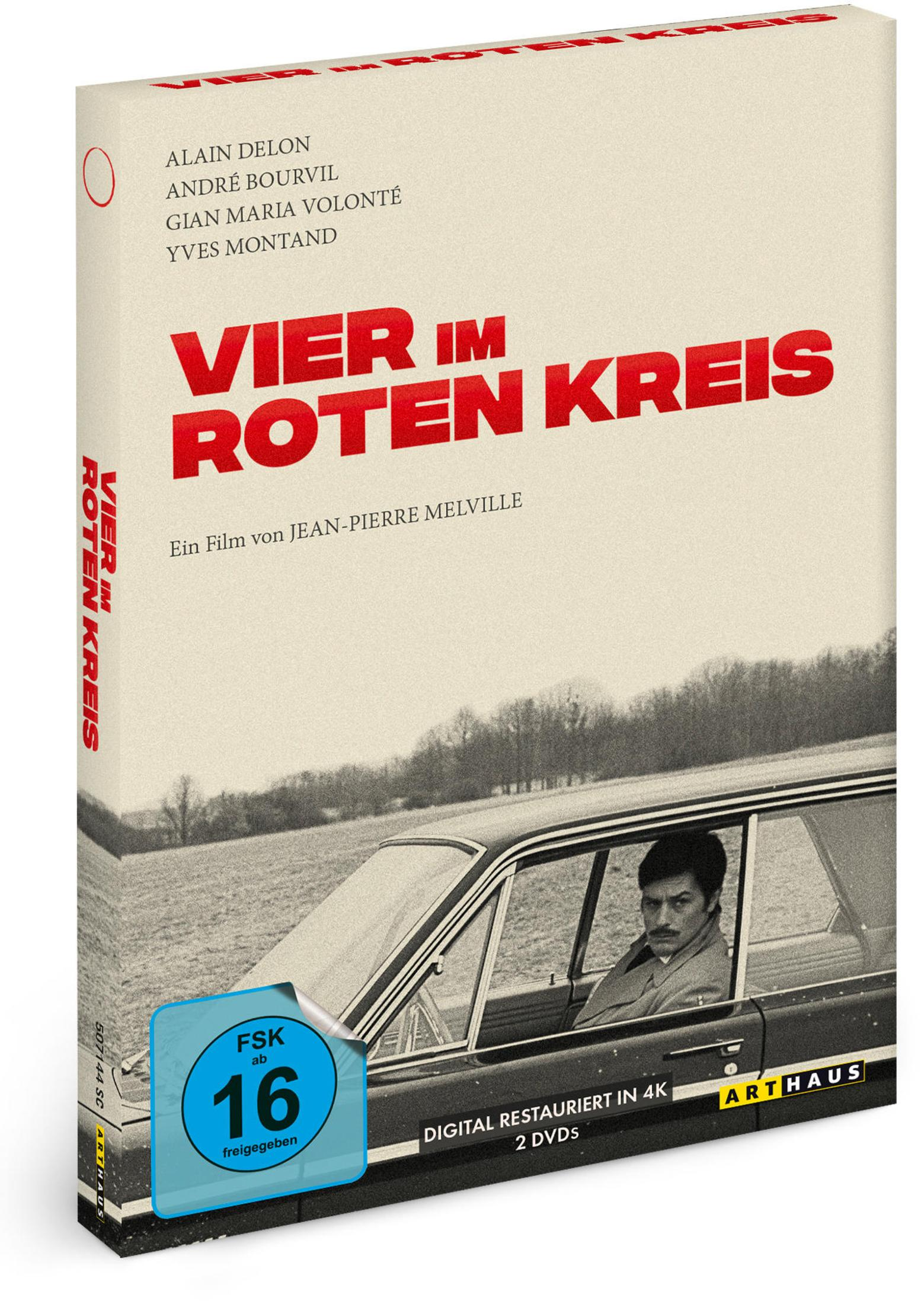 Filmcover: Mann im Auto, Titel "VIER IM ROTEN KREIS", FSK 16.