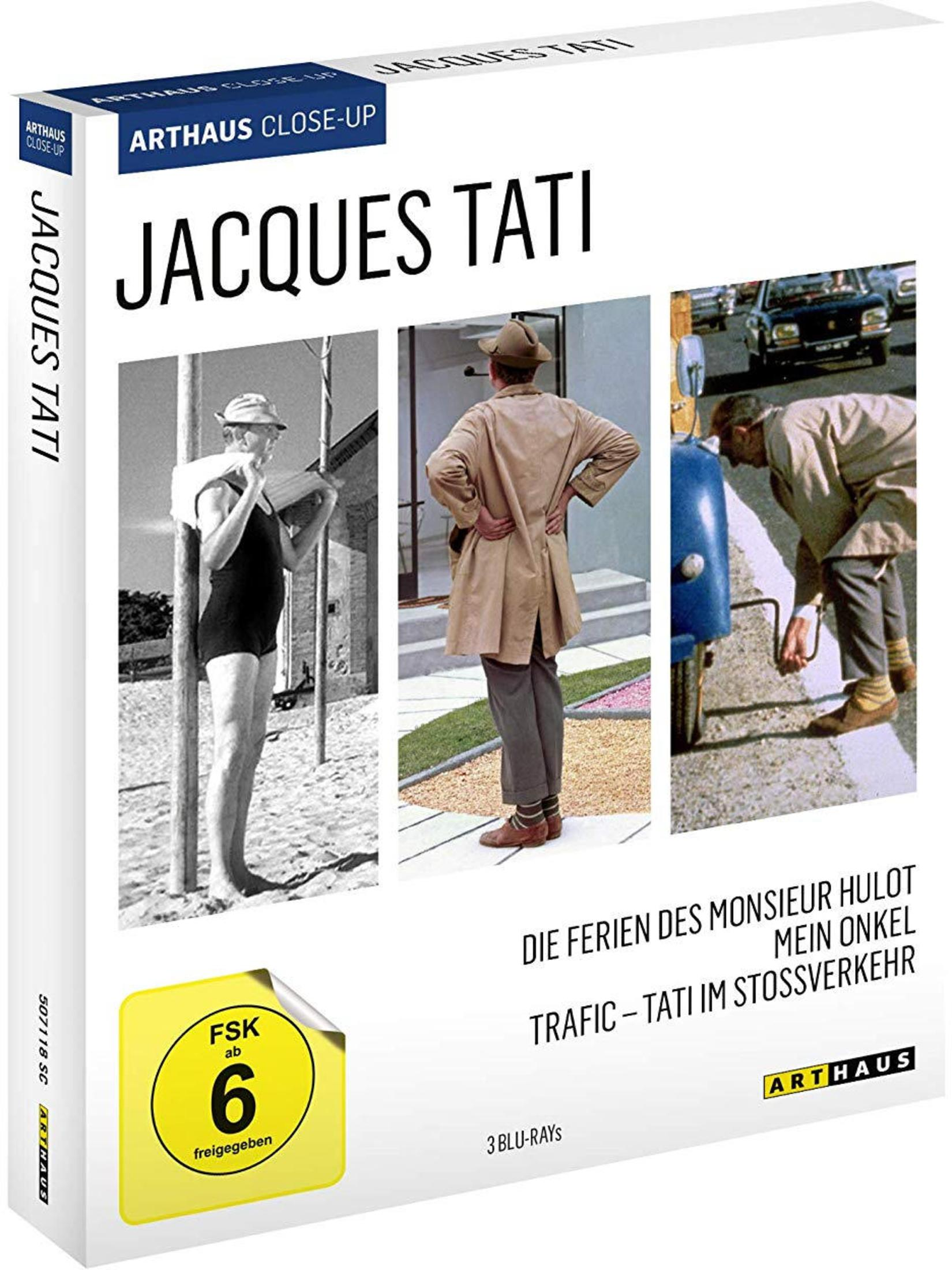 Copertina Blu-ray con Jacques Tati, bollino FSK 6 e titoli film.