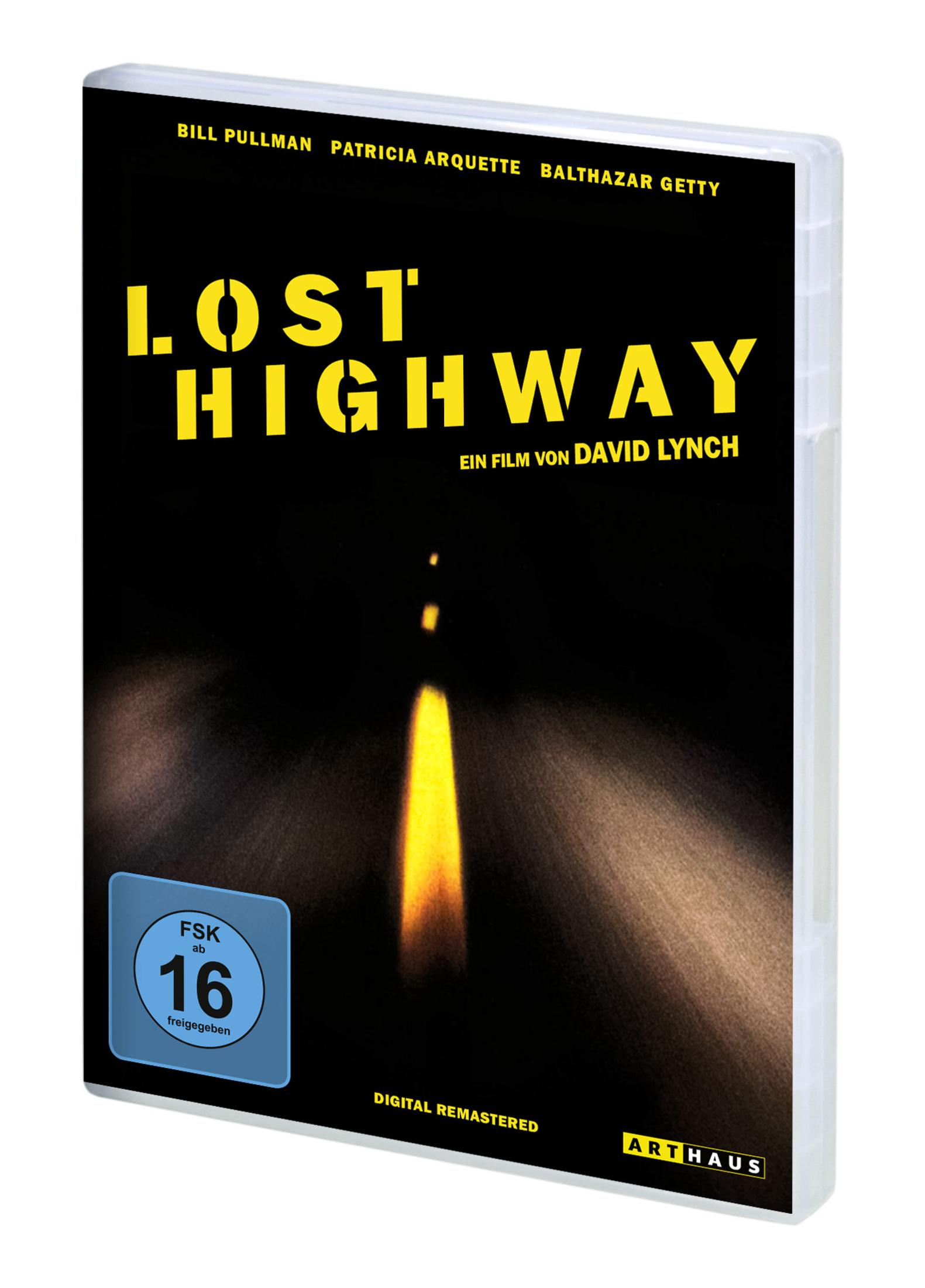 Copertina film: Sfondo scuro, testo giallo 'Lost Highway', fari su una strada.