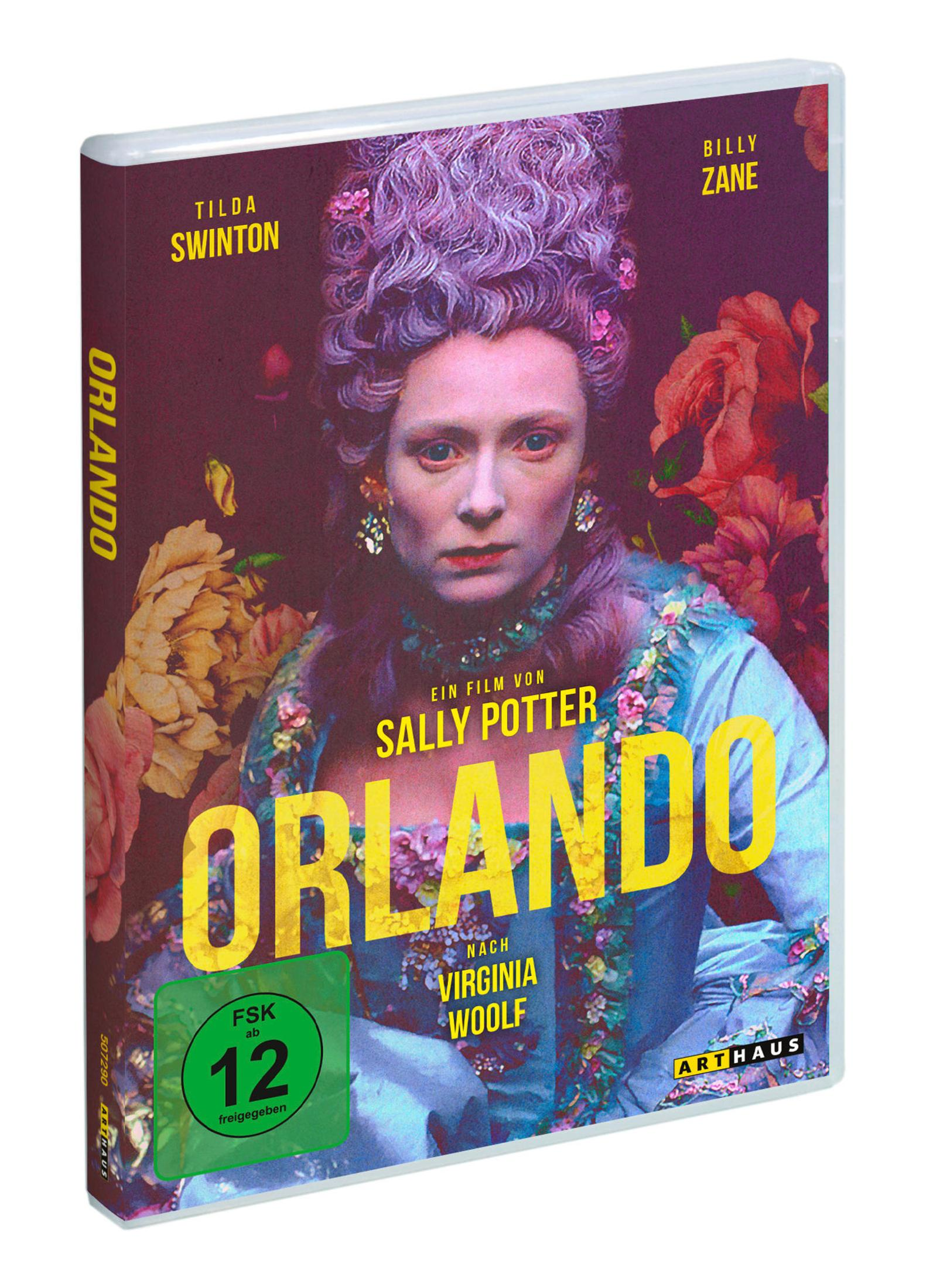 Copertina DVD "Orlando" con Tilda Swinton, Billy Zane, fiori e rating 12.