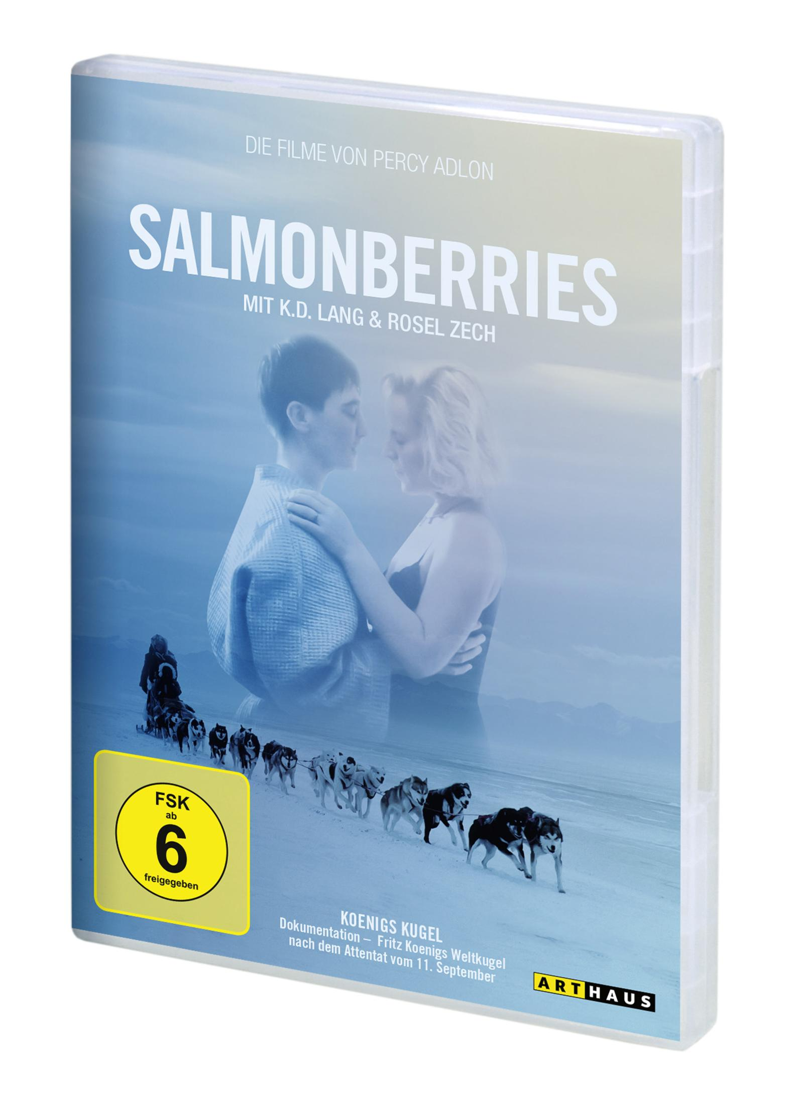 Copertina DVD Salmonberries con una coppia e una slitta trainata da cani sul ghiaccio.