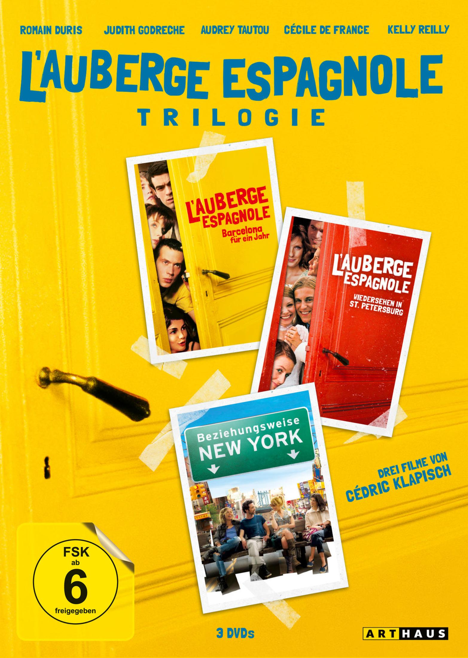Filmplakat mit Titeln 'L'Auberge Espagnole Trilogie' und Szenen.